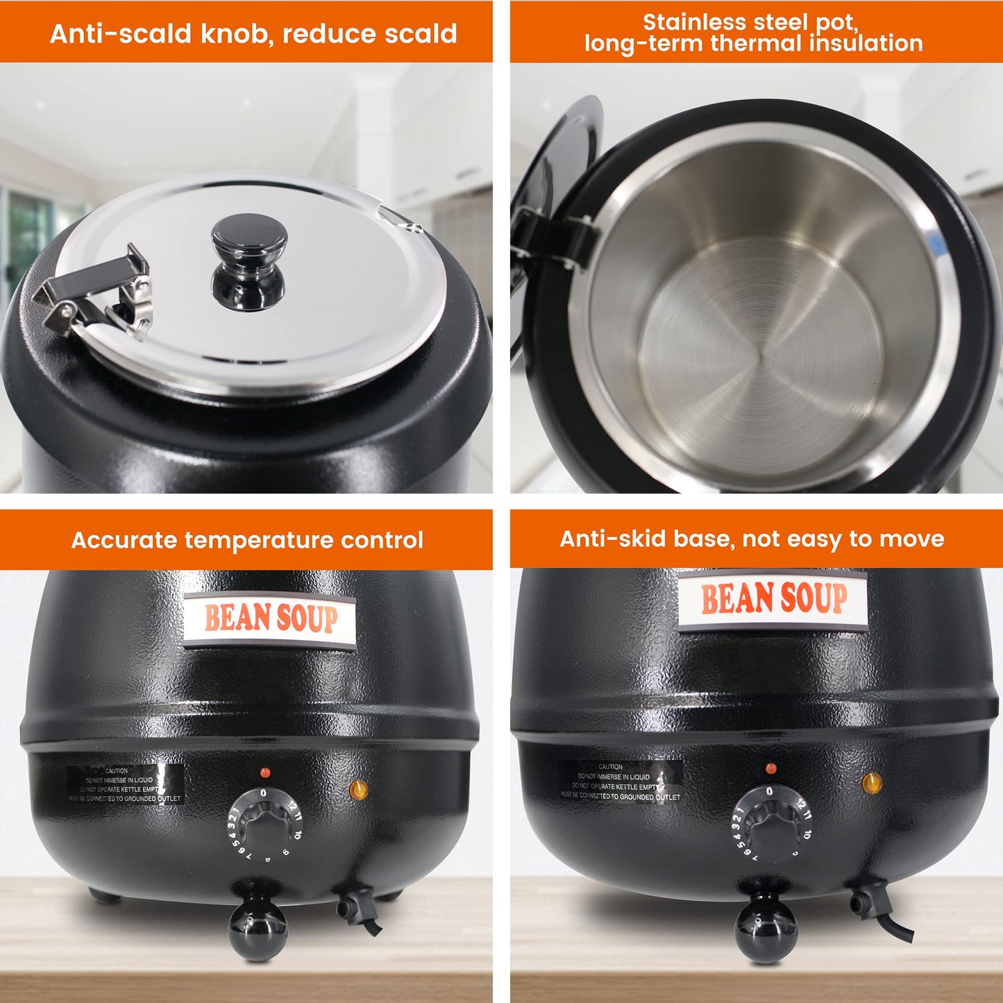 11Qt Commercial Soup Warmer, 400W Buffet Food Warmer Soup Kettle with Hinged Lid & Detachable Pot, Temperature Control (105-195°F) for Soups, Chili, Stew, Nacho Cheese - Black