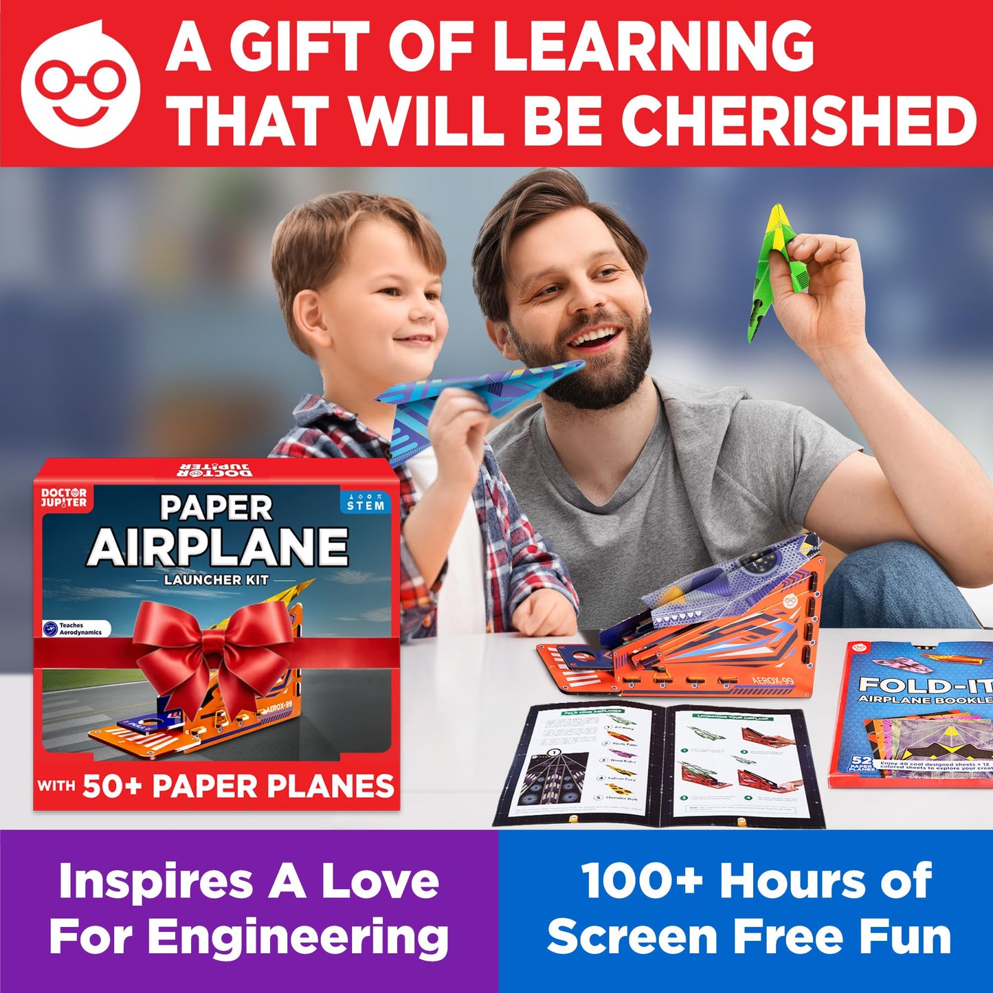 Doctor Jupiter Paper Airplane Book Kit with Launcher for Kids Ages 6+ | Toys for 6,7,8,9,10,11,12 Year Old Boys, Birthday Gift Ideas | DIY Craft Activities, 50+ Paper Airplanes