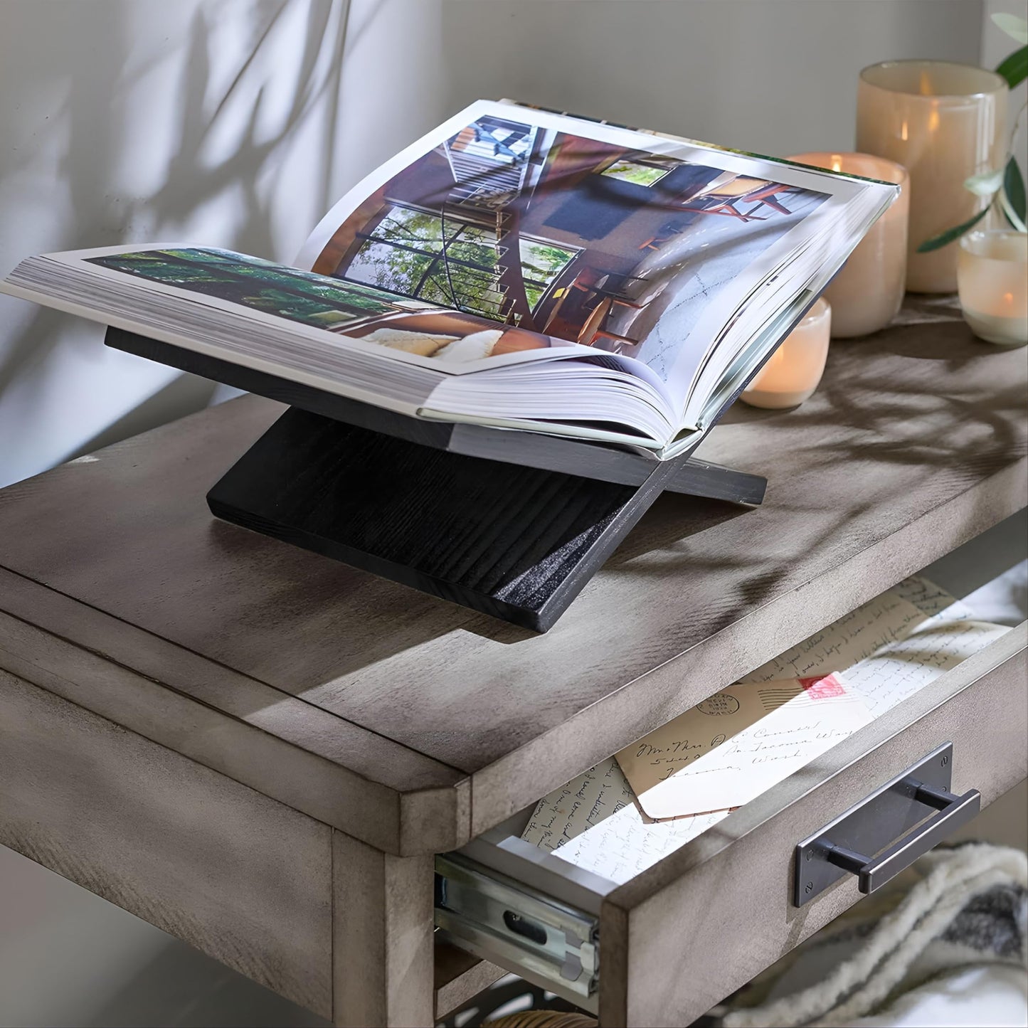 Honygebia Solid Wood Book Stands - Cross Frame Black Oak Wooden Book Holder, Open Bookstand for Display and Reading, Suitable for Art, Bible, Cookbook, Easel, Magazine, Textbooks