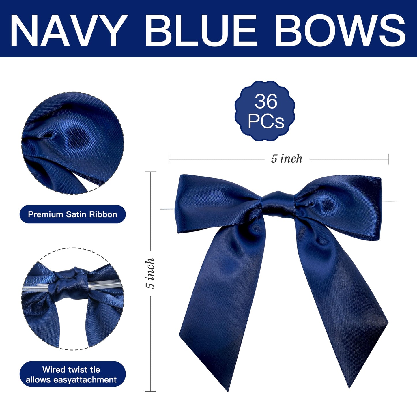 LIZLOVESS Navy Blue Satin Ribbon Twist Tie Bows 5 Inch Pre-Tied Blue Gift Bows for Crafts, Treat Bags, Party Favors, Wedding, Baby Shower, Candy Apple, Christmas Tree (36 Pack)