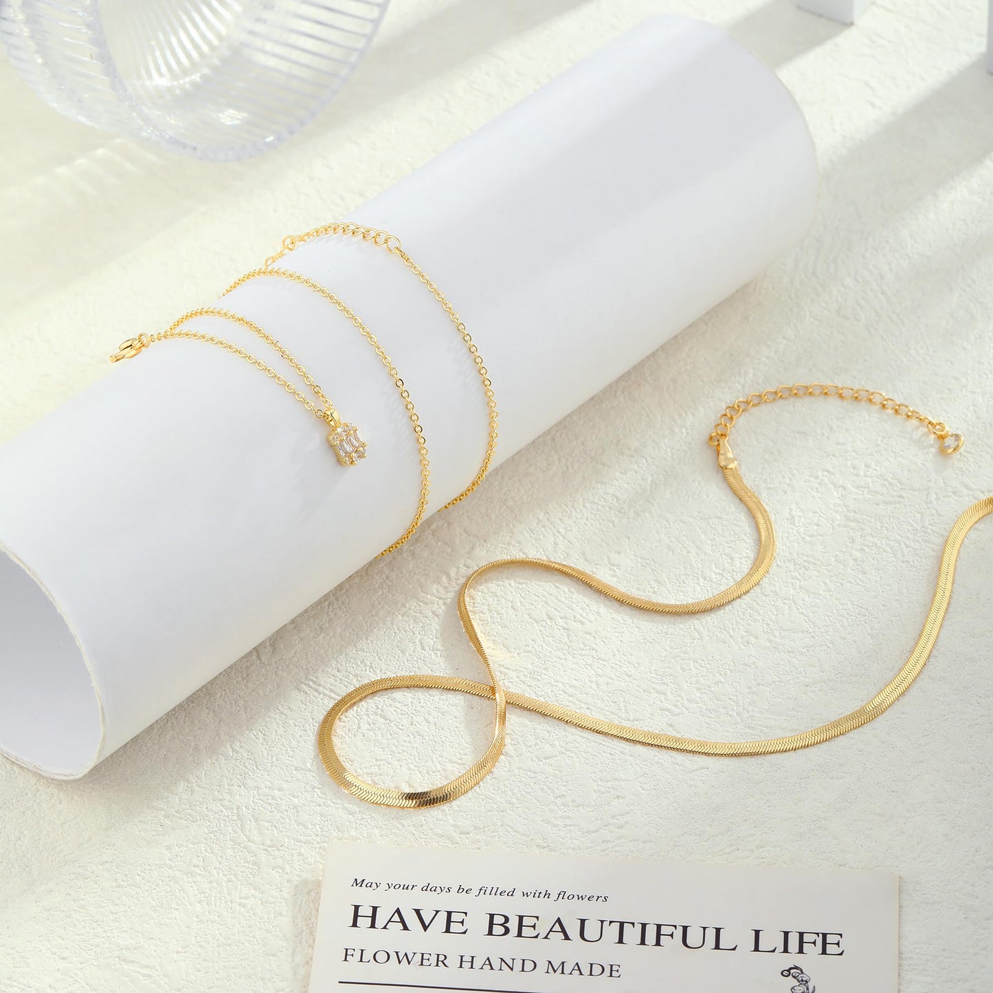 Kyerlyn layered gold necklaces for Stack 14K Gold Plated Chain Trendy Herringbone Layering Coin CZ Circle Cubic Zirconia Dainty Pendant Necklaces Set Gold Jewelry for women Gifts
