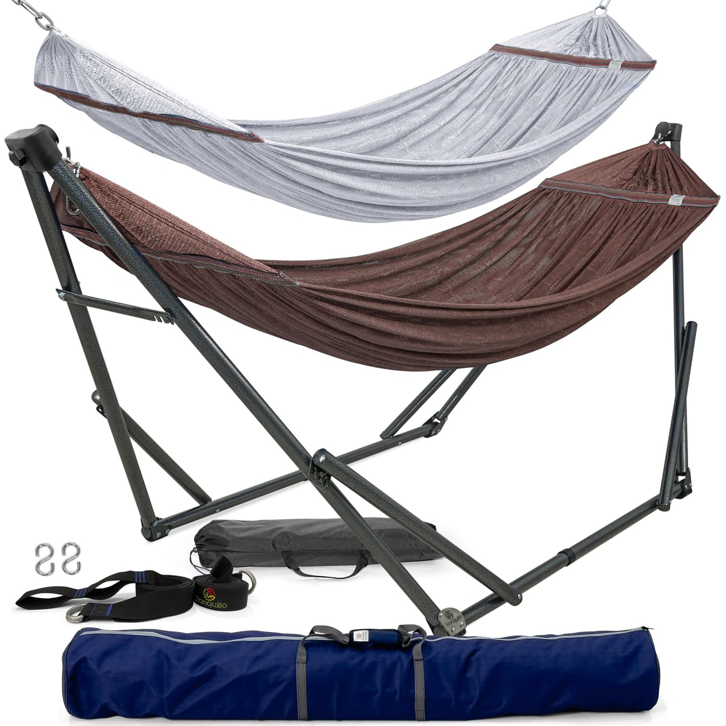 Tranquillo Combo x2 Hammocks with Stand for Outside & Tree Straps, Heavy Duty Hammock with Stand 600lbs for Indoor Outdoor Patio Backyard, x2 Hammocks for 2 Person (Combo - Brown, Medium)