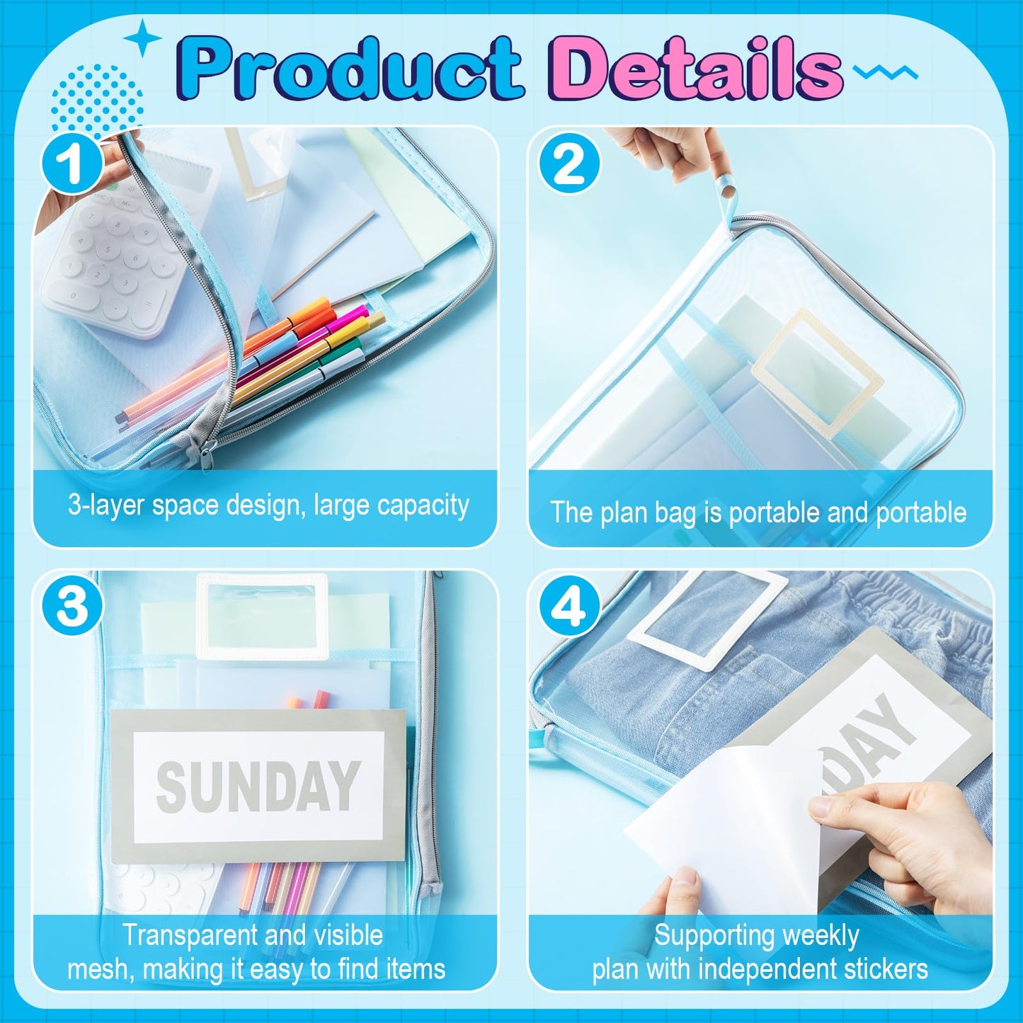 Honoson 7 Pack Packing Cubes for Travel Days of Week Packing Cubes with Labels Clear Zippered Storage Bag for Travel Summer Camp Essentials