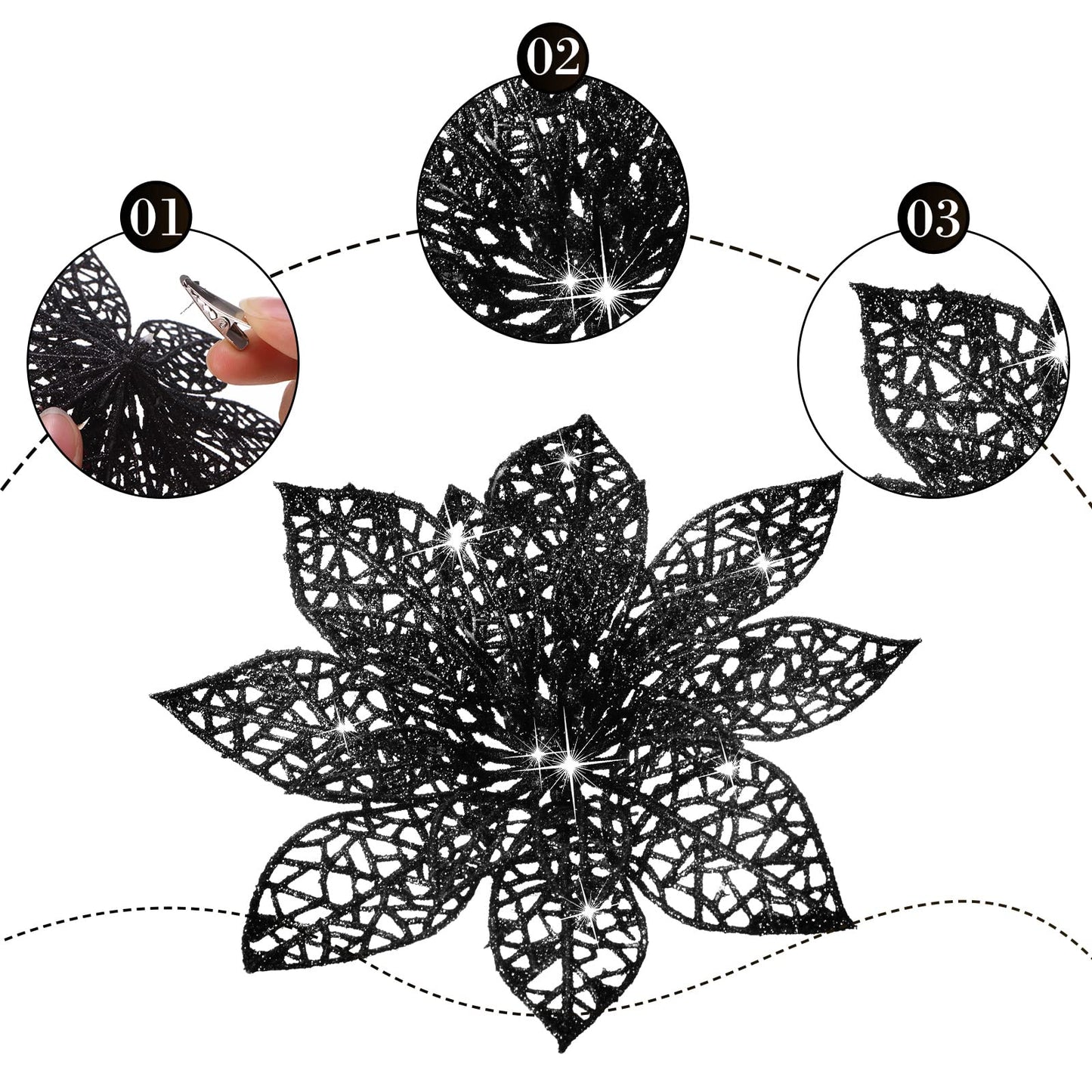 Boao Red,Silver 24 Pieces Poinsettia Flower Christmas Glitter Artificial Poinsettia with Clips Christmas Tree Ornament Decorations for DIY Xmas Wreath Holiday Home Party Decor, 3/4/6 Inches