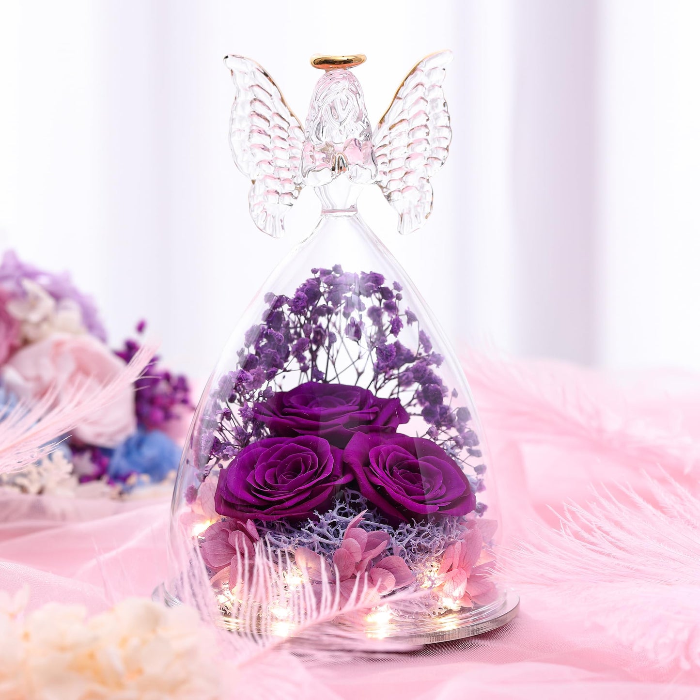 Tiaronics Mothers Day Rose Gifts for Women Preserved Real Flower in Glass Angel Figurines Roses for Delivery Prime Birthday Gifts for Mom Grandma Girlfriend Wife Her, Full Purple