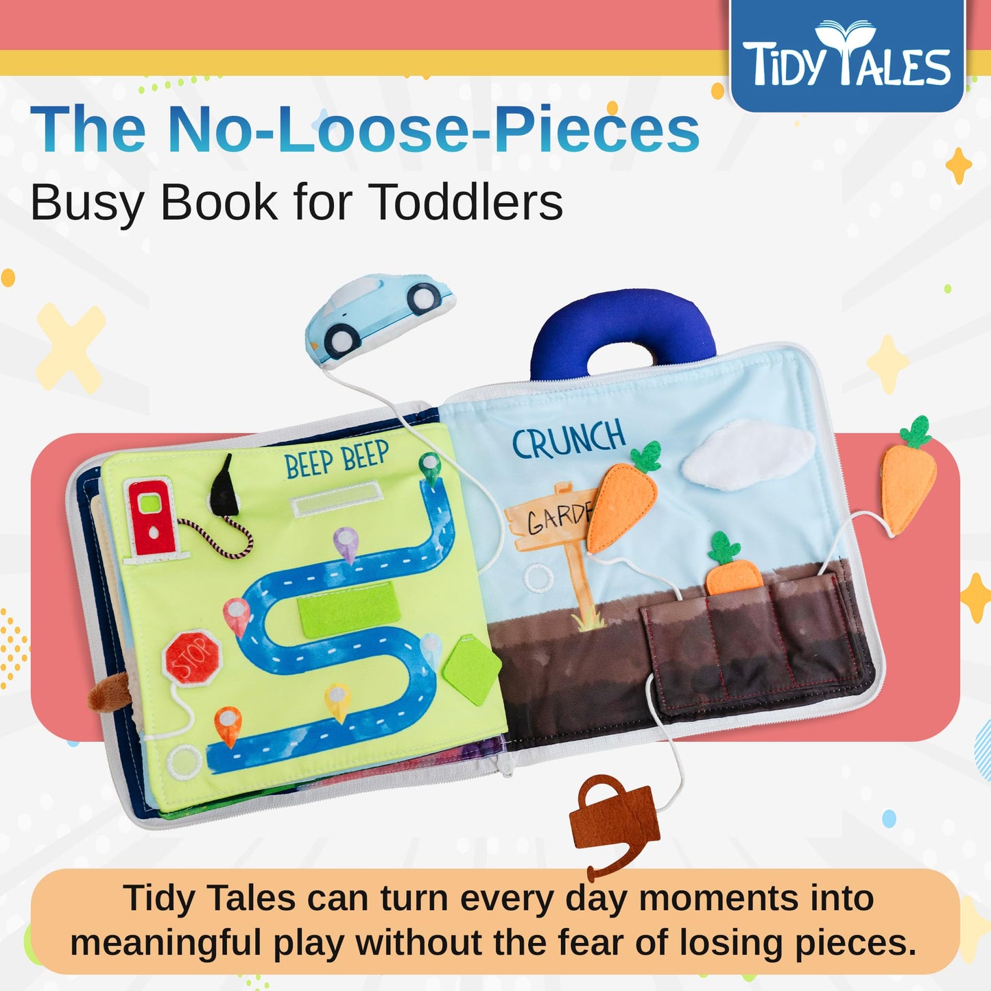 Tidy Tales Busy Book for Toddlers 1-3 - No Loose Pieces - Montessori Toys for 1, 2, 3 Year Olds - Mess-Free Airplane Quiet Board Travel Toy - Educational Busy Board & Soft Toddler Activity Book