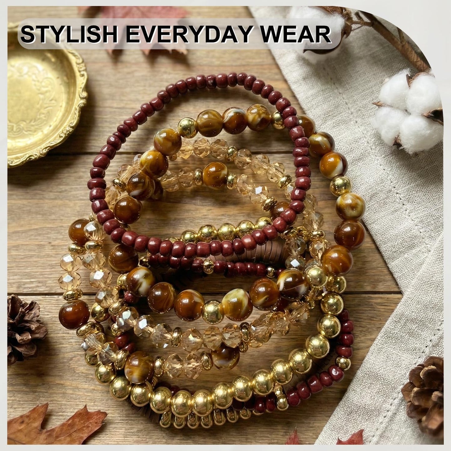 Ysenchan 7 Pcs Gold Beaded Bracelets for Women Trendy, 14K Gold Plated Stackable Stretch Bracelets Set, Adjustable Elastic Gold Bead Strand Jewelry, Hypoallergenic Gift for Women