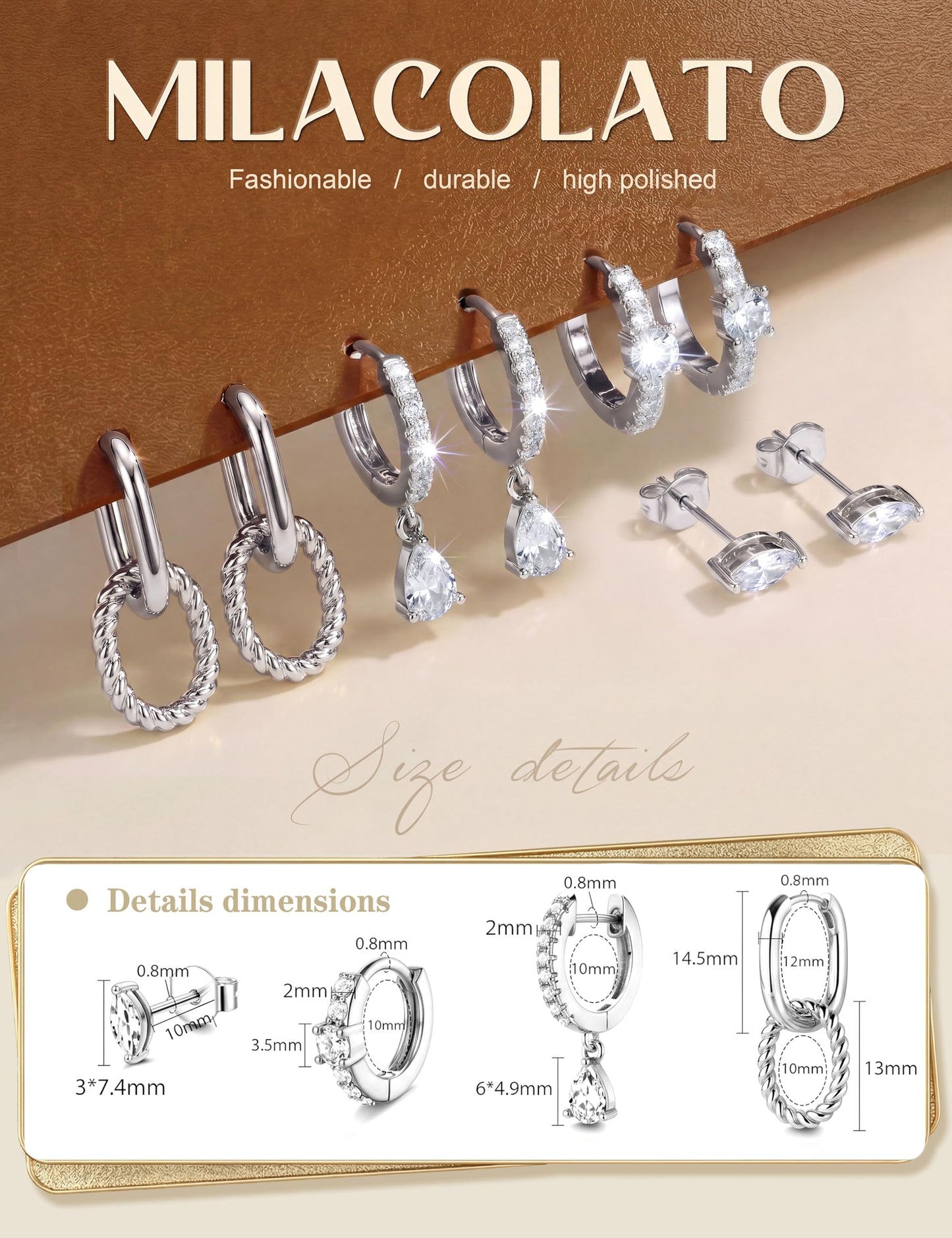 MILACOLATO 4 Pairs Silver Earrings for Women, Hypoallergenic Sterling Silver Filled Small Stud Hoop Earrings Set for Multiple Piercing, Dainty Lightweight Cartilage Huggie Earrings Stacks Trendy Jewelry Gifts, C