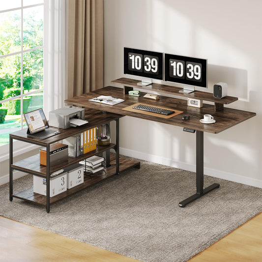 Lefurture Standing Desk with File Cabinet, 55x24'' L Shaped Electric Stand Up Desk with Adjustable Monitor Shelf, Adjustable Height 28-46'' for Home and Computer Workstation, Walnut