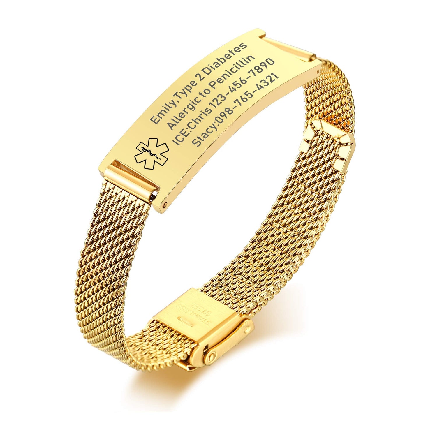VNOX Medical Alert Bracelets for Men & Women with Custom Engraving Adjustable Stainless Steel Mesh Emergency Medical ID Bracelets Wristband,Gold Plated