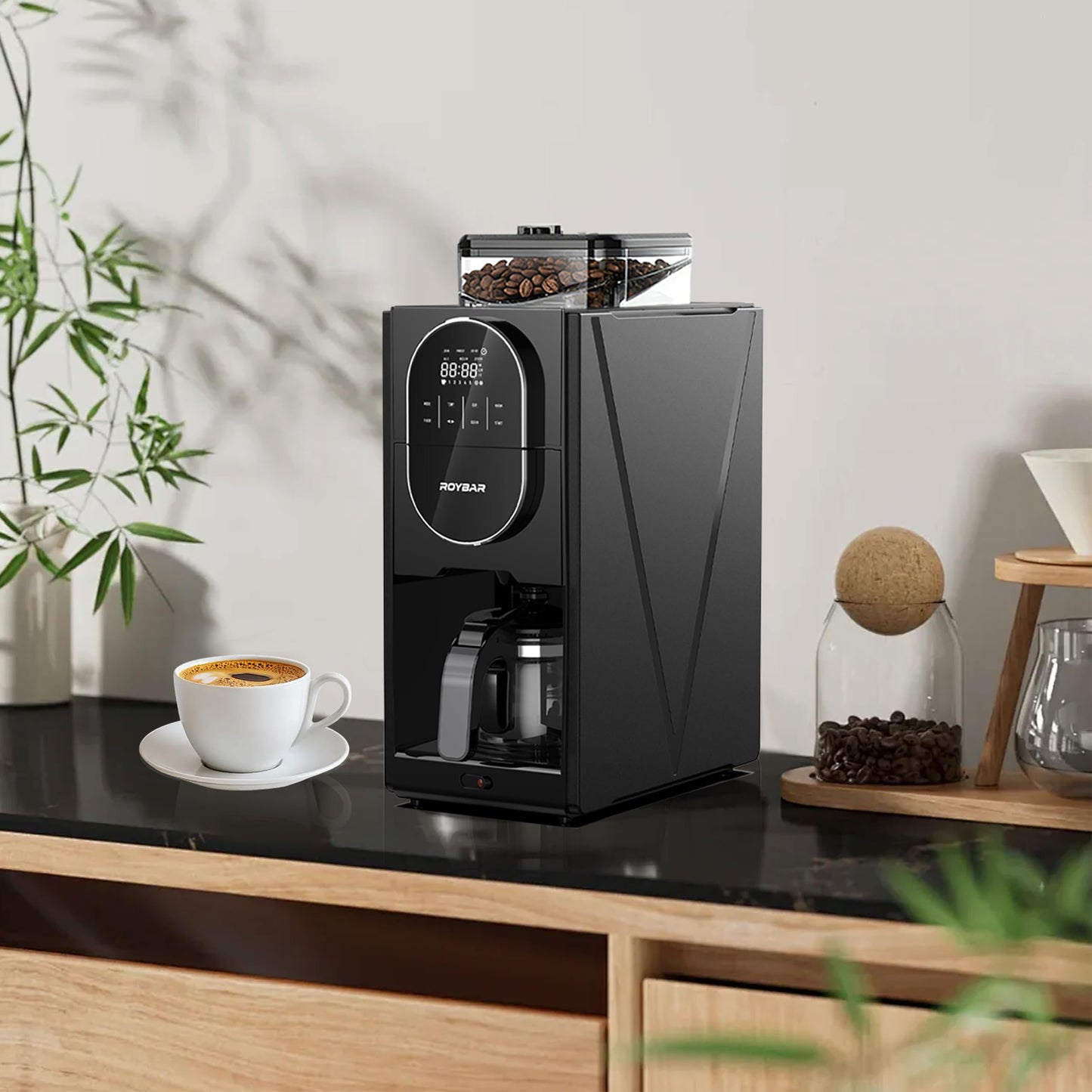 Coffee Maker with Grinder, Programmable Hot and Cold Coffee Maker with 22 oz Glass Carafe, Adjustable Fully Automatic grind and brew Coffee Machine with Timer, Black Americano Iced Coffee Machine