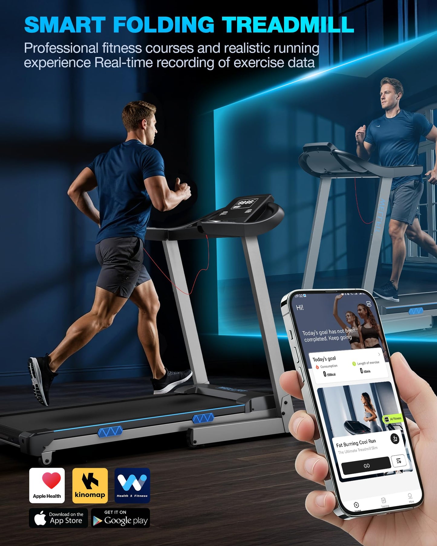 WELLFIT Treadmill with 15% Auto Incline, 400LBS Capacity, Foldable Treadmills with Handlebar, Heart Rate Sensor, LED Display, App Control, 4.0HP Heavy Duty Treadmill for Home, Seniors, Adults, Teens
