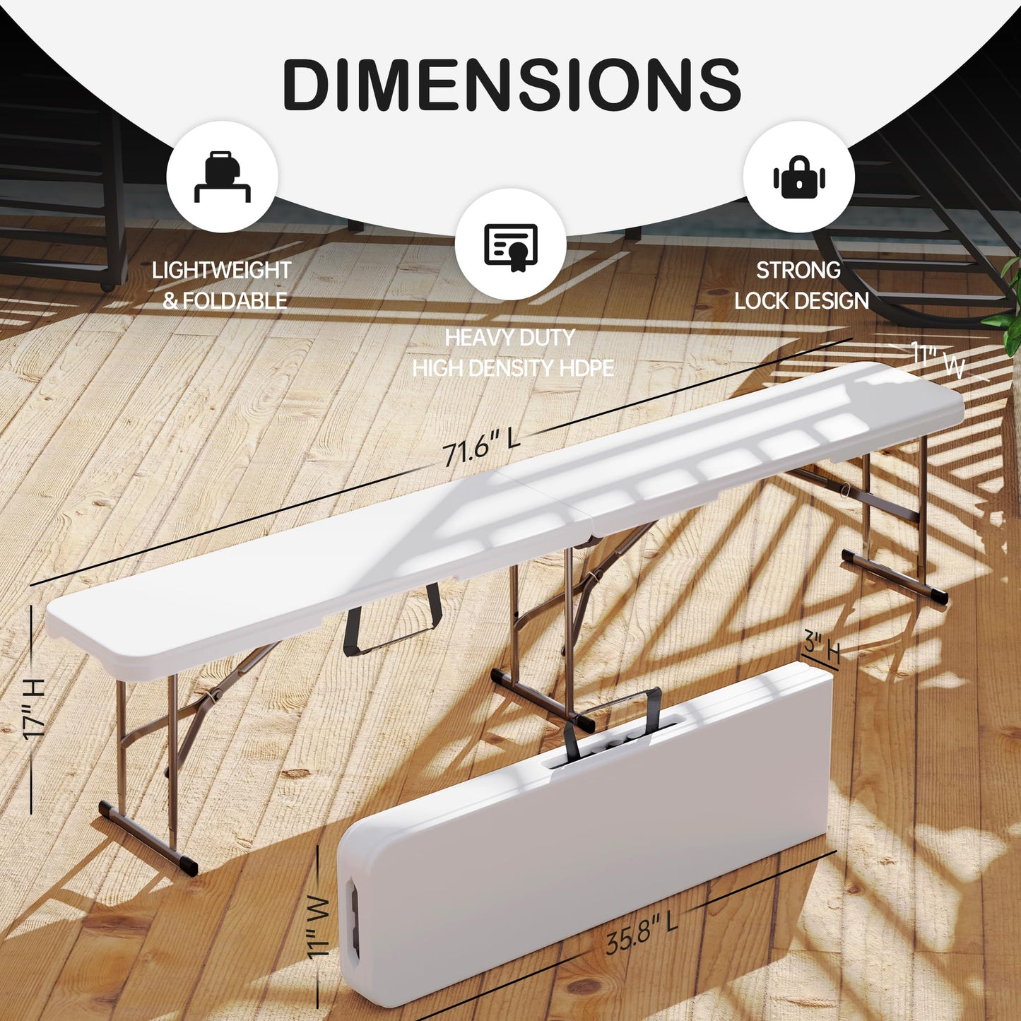 VSOAEIL 6 Foot Folding Bench, Portable Plastic Folding Bench Seat, Foldable Seat for Indoor Outdoor Picnic Camping Dining, Soccer Garden Multipurpose Entertaining Activities, White