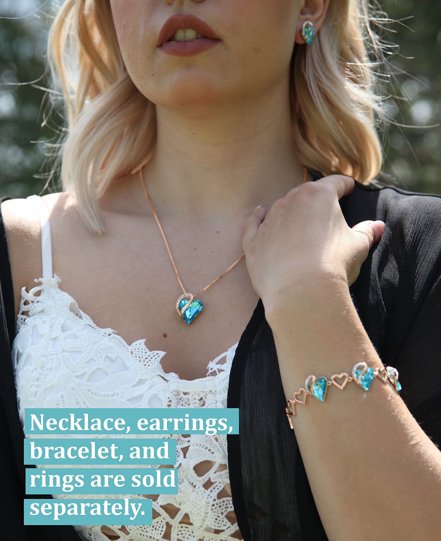 Leafael Gifts for Women Rose Gold Plated Necklaces: Heart Aqua Blue Crystal, December Birthstone, Hypoallergenic Chain (18"+2"), Birthday Jewelry for Mom, Wife, and Girlfriend