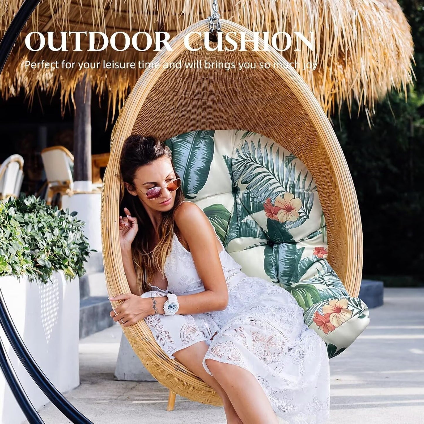 Yefound Outdoor Hanging Egg Chair Cushion Replacement Thicken Waterproof Basket Swing Chair Cushion Printed U-Shaped Seat Pad for Patio Orange Grey