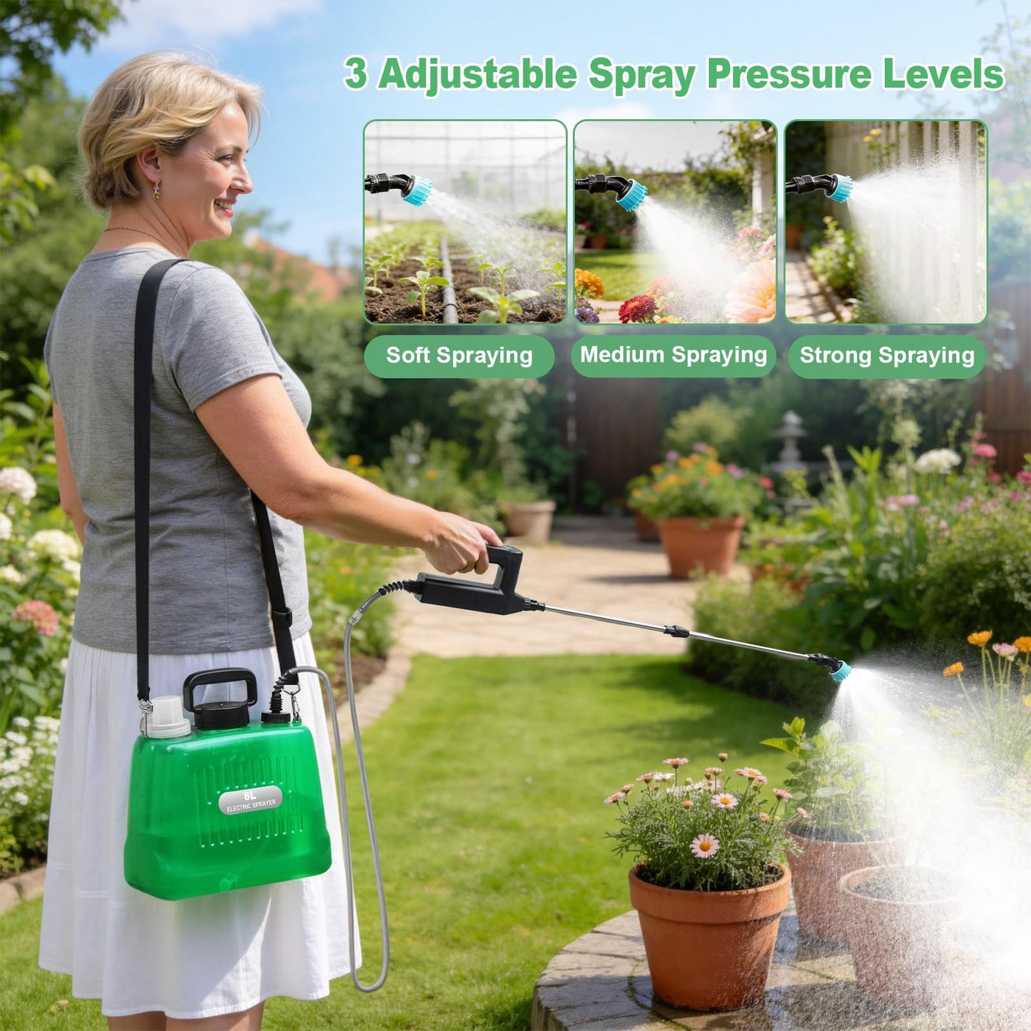 SideKing 2 Gallon Battery Powered Sprayer, Electric Garden Sprayer with 3 Adjustable Pressures & Telescopic Wand, Rechargeable Weed Sprayer for Lawn, Yard & Pest Control, 4 Nozzles Included