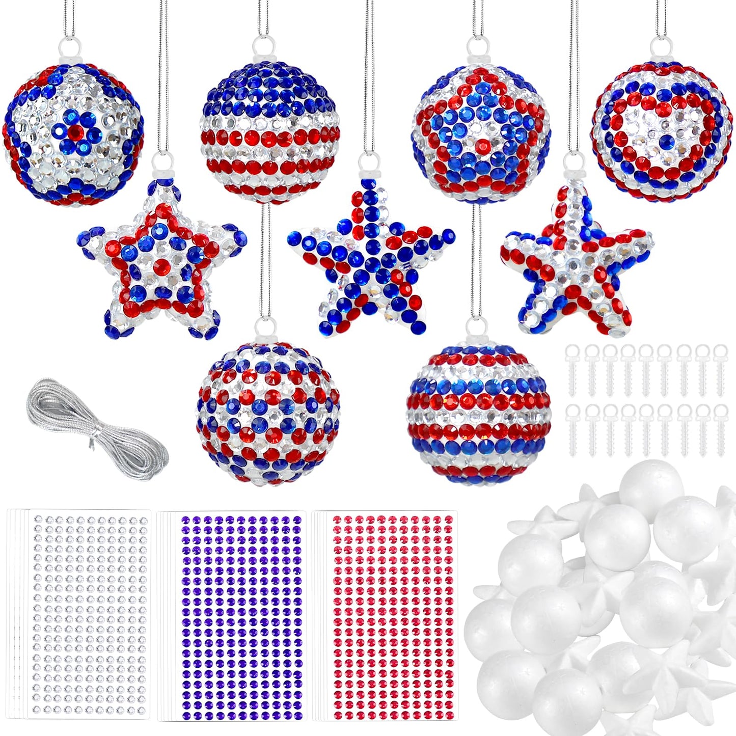 18 Set 4th of July Crafts Activities Kits Patriotic DIY Glitter Foam Star Ball Ornaments Independence Day Decorations Red White Blue Gem Stickers Memorial Day Art Set for Party Supplies Favor