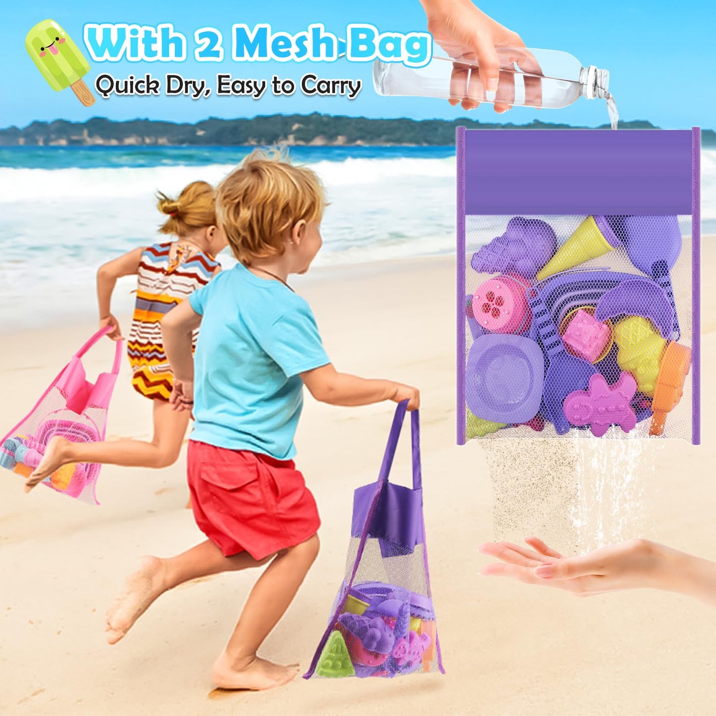 Dreamon Collapsible Beach Toys Set for Kids 3-10, Collapsible Sand Bucket with Beach Molds and Mesh Bag, 2 Pack Shovels Set Ice Cream Sand Toys for Beach, Sandbox Travel Toys for Kids Toddlers Girls