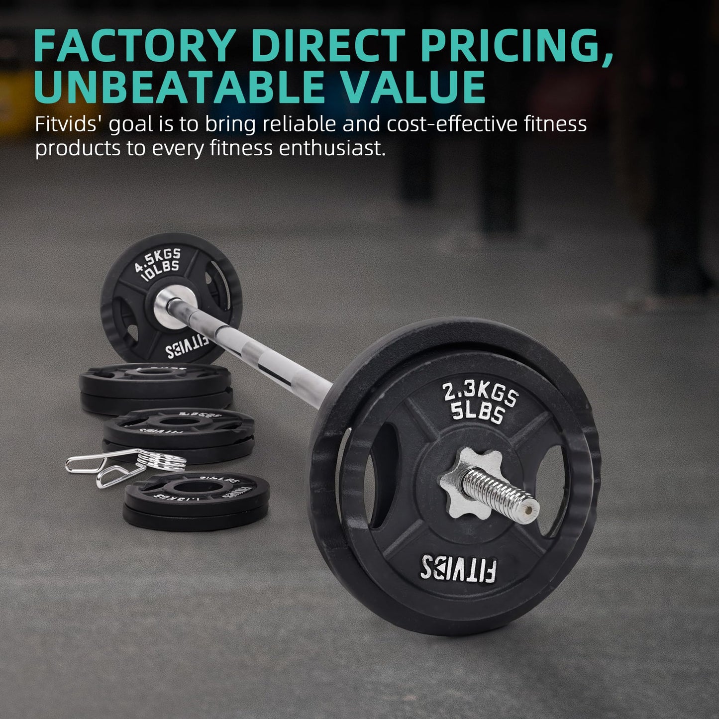 Fitvids 1 Inch Standard Barbell Weight Plates and Bar Set, 5 FT Barbell Bar and 35 LB(2.5-10 LB) Barbell Weight Set for Home Gym Strength Training, Double-grip Design