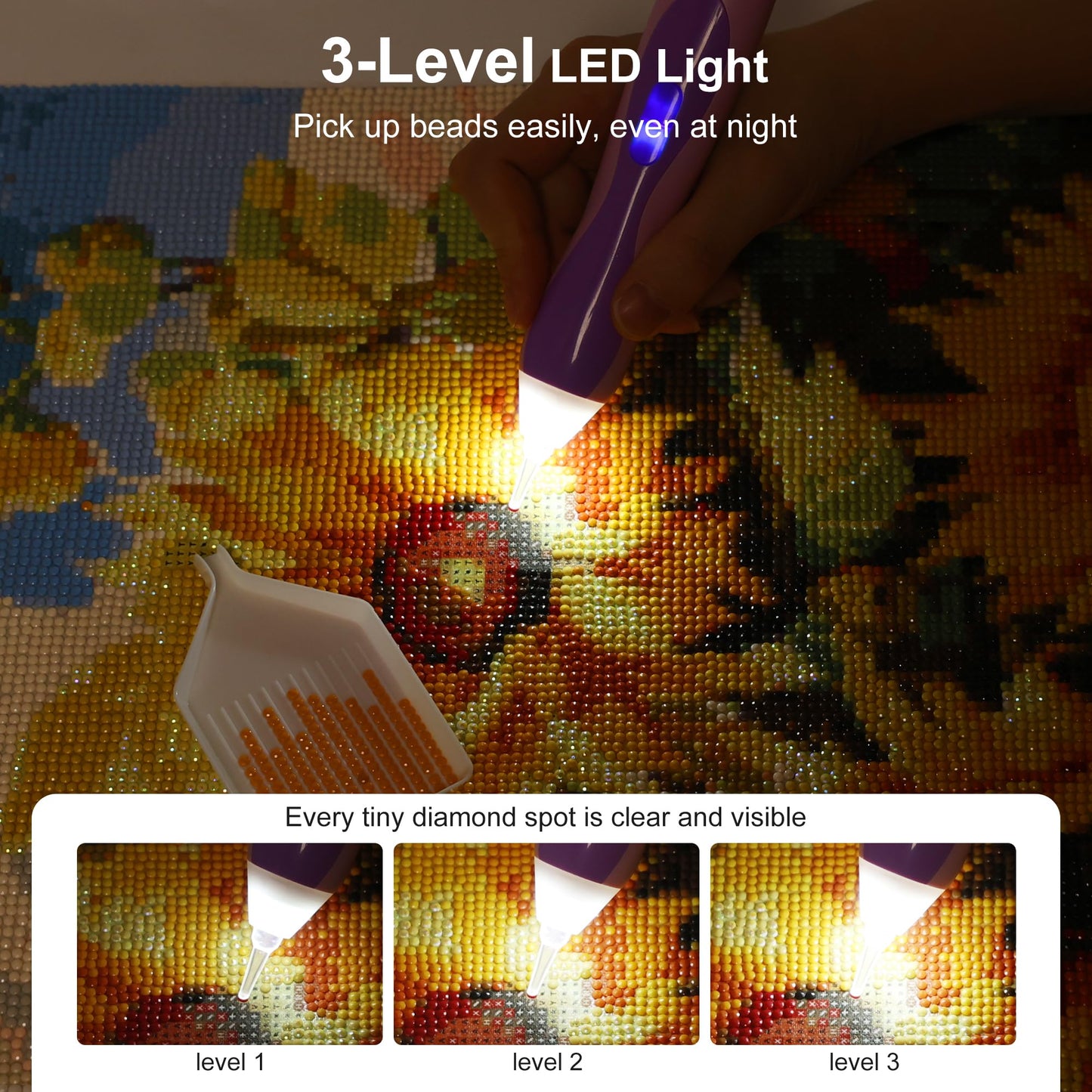 Electric Diamond Art Pens with Light, Diamond Art Kits for Adults, Wireless, Rechargeable, 3 Brightness Levels, Ergonomic Grip and Extra Tips, Quiet Suction Diamond Painting Pen