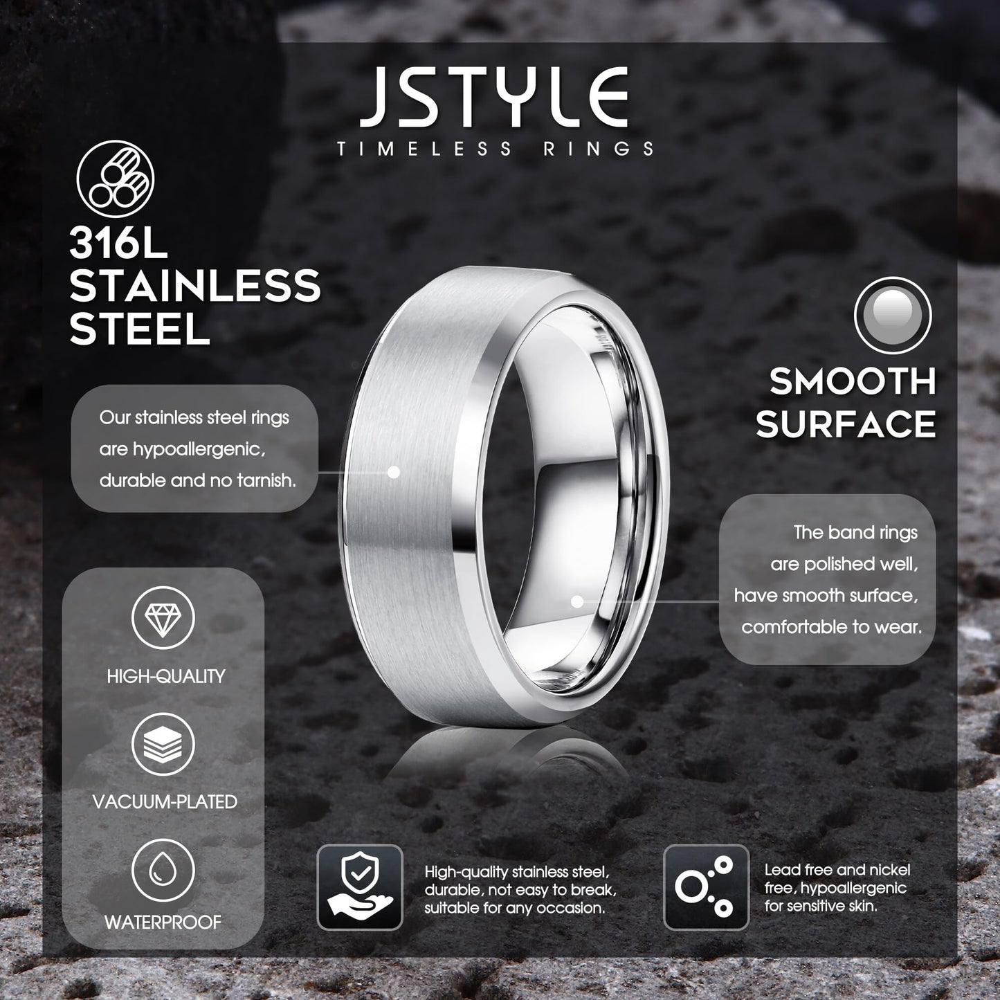 Jstyle Stainless Steel Rings for Men Women 8MM Wedding Band Rings Matte Surface - Beveled Polished Edge Mens Ring Size 7.5 Silver Plated Ring for Men