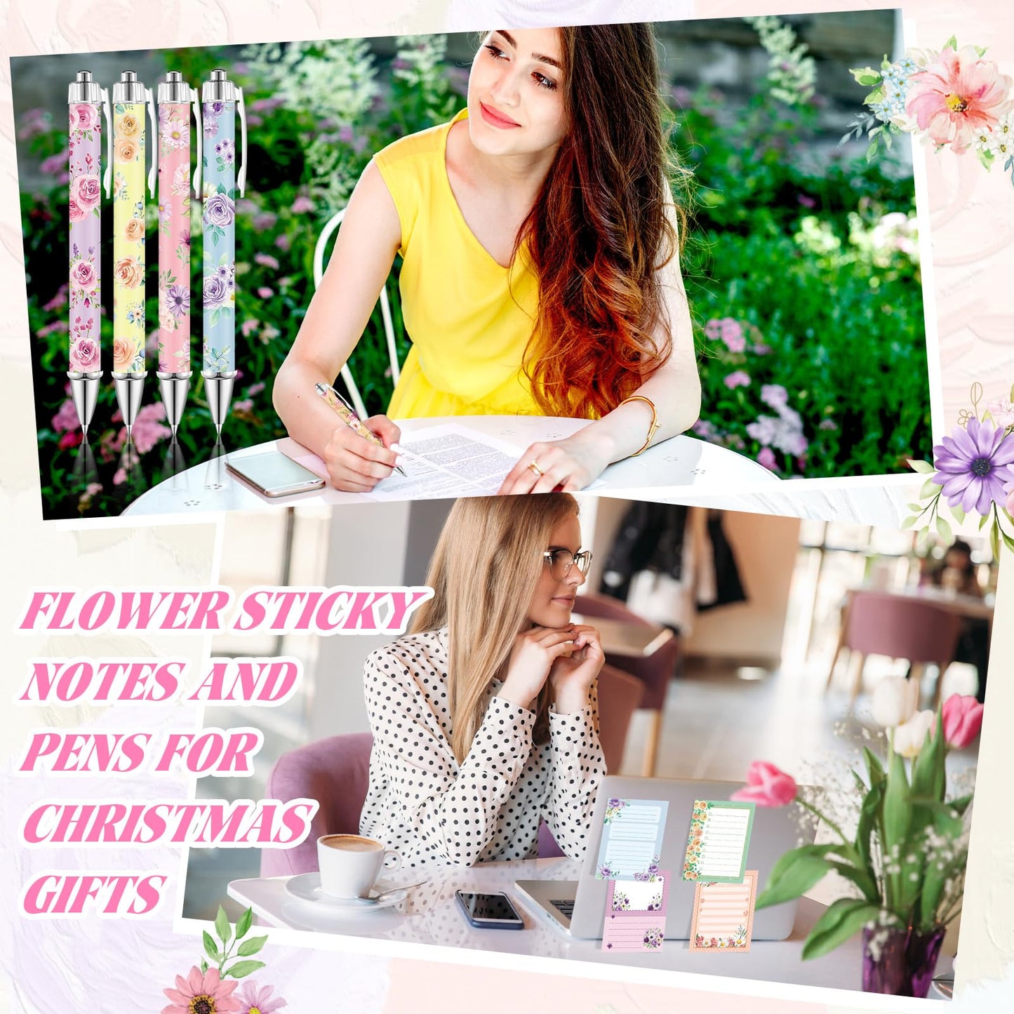 Eaasty 20 Pieces Flower Gift for Women Sticky Notes with Floral Pens, Pencil Bags Makeup Bags, 3 x 4 Inches Cute Note Pads, Funny 1.0 mm Ballpoint Pens, Office Supplies for Women