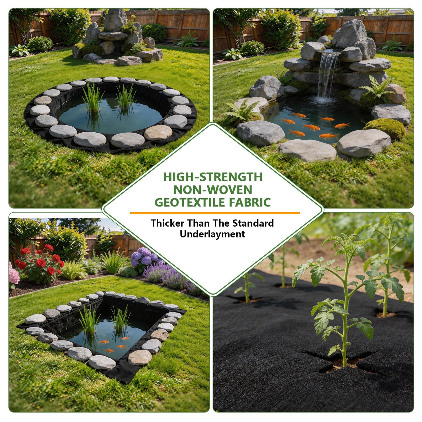 HZCGJMY Pond Liner Non-Woven Geotextile Underlayment 10 x 15 Feet Thickened Outdoor Ponds Underlayment Landscape Fabric Kit with 20 U-Pins and Gaskets for Ponds, Fish Koi, Waterscape
