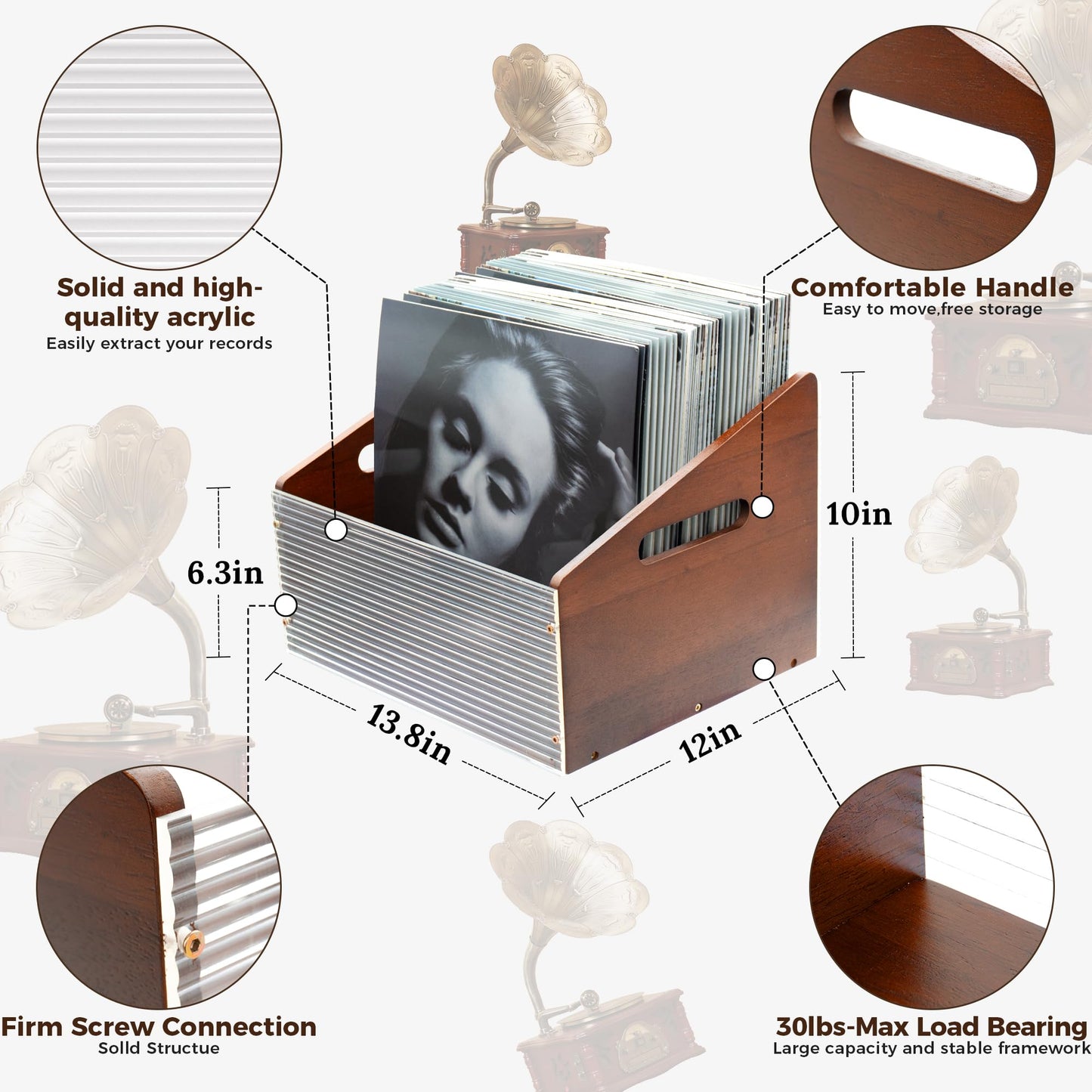 MinBoo Vinyl Record Storage Crate - Holds 80+ LP Albums, 12-Inch Record Organizer Box with Acrylic & Bamboo, Sturdy Wooden Cube for Home, Office - 13.7''L x 16.5''W x 10.2''H, Anti-Slip Base，Brown