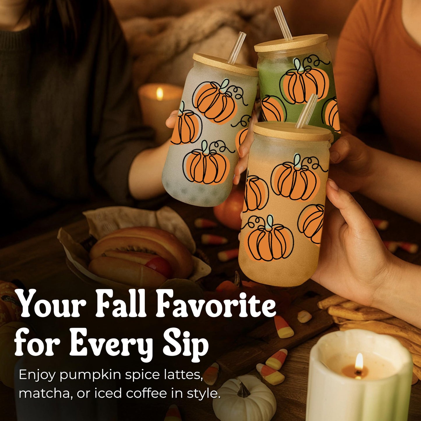 BOYIN HUES Halloween Pumpkin Cups - Cute Halloween Gifts Spooky Boo Basket Stuffers for Women, Teens, Kids - 16oz Glass Iced Coffee Cup w/Lid and Straw - Trick or Treat Party Favors Fall Decor