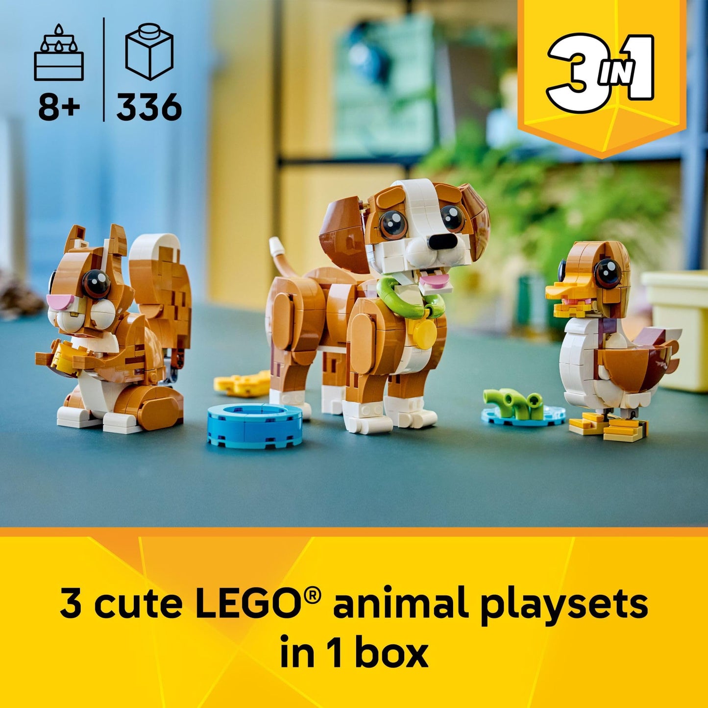 LEGO Creator 3 in 1 Cute Animals: Playful Puppy Dog Building Toy - Bedroom Decor for Girls & Boys, Ages 8+ - Gift for Birthdays - Build a Dog, Squirrel, or Duck - 31382