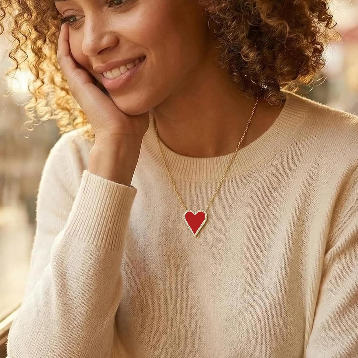 JINGDR Red Heart Necklace for Women Carnelian Crystal Trendy Jewelry Love Heart Gemstone Pendant, Gold Plated Heart Paperclip Chain Necklace Cute Heart Necklaces for Women Dainty Jewelry (Red)