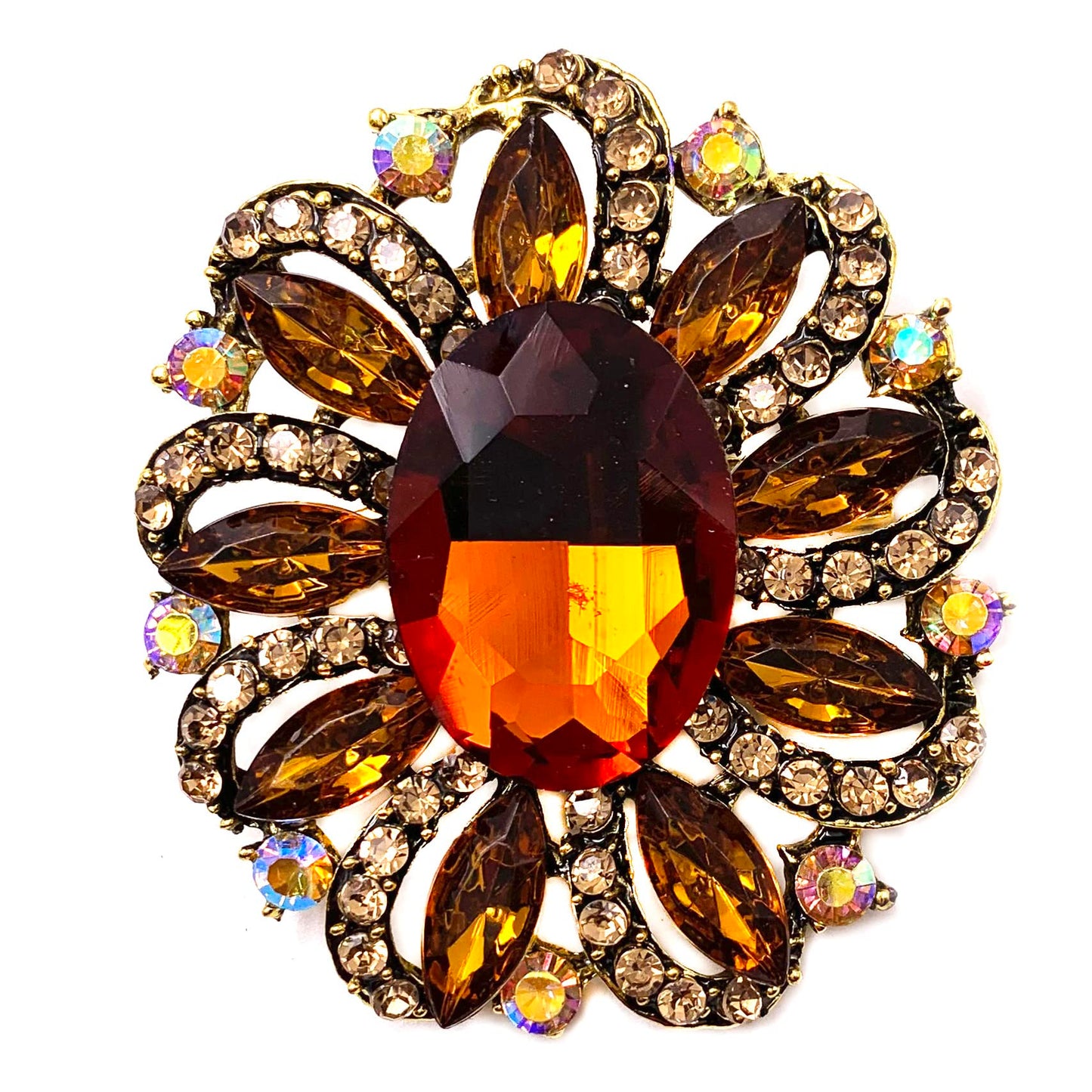 SELOVO Marquise Shape Flower Brown Brooch Pin Accessory Antique Gold Tone
