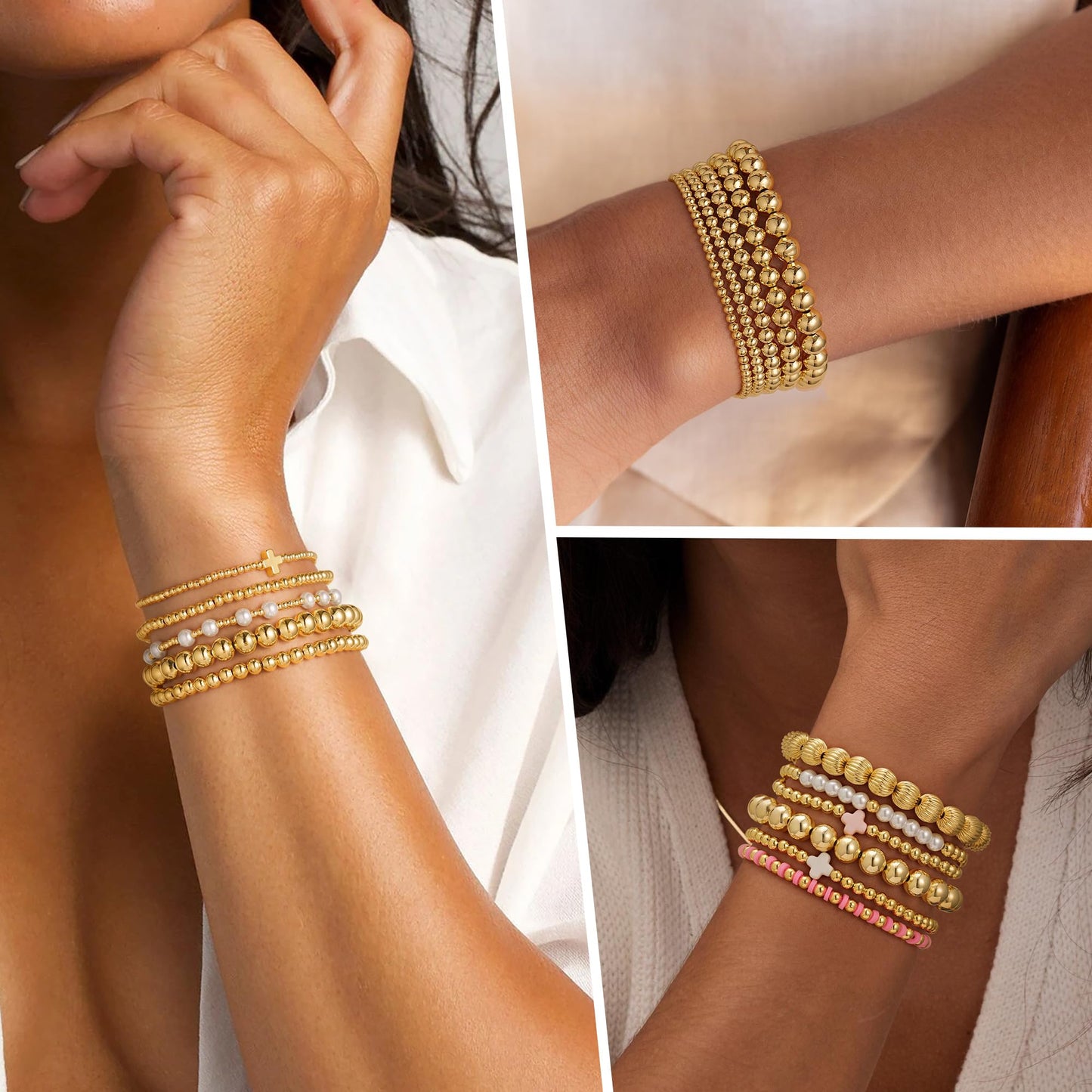 Yoosteel Gold Beaded Bracelets Set for Women - 14k Gold Plated Dainty Round Beaded Pearl Bracelet for Women Simplicity Stackable Jewelry Gifts（6 Pcs）
