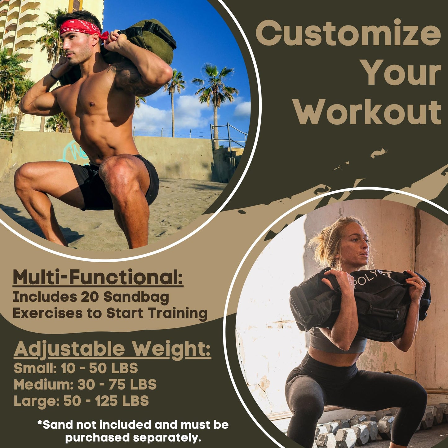 Polyfit Workout Sandbag for Fitness - Heavy Duty Sandbag Workout Bags with 8 Gripping Handles for Sand Bag Weight Training (30lbs to 75lbs) - Green