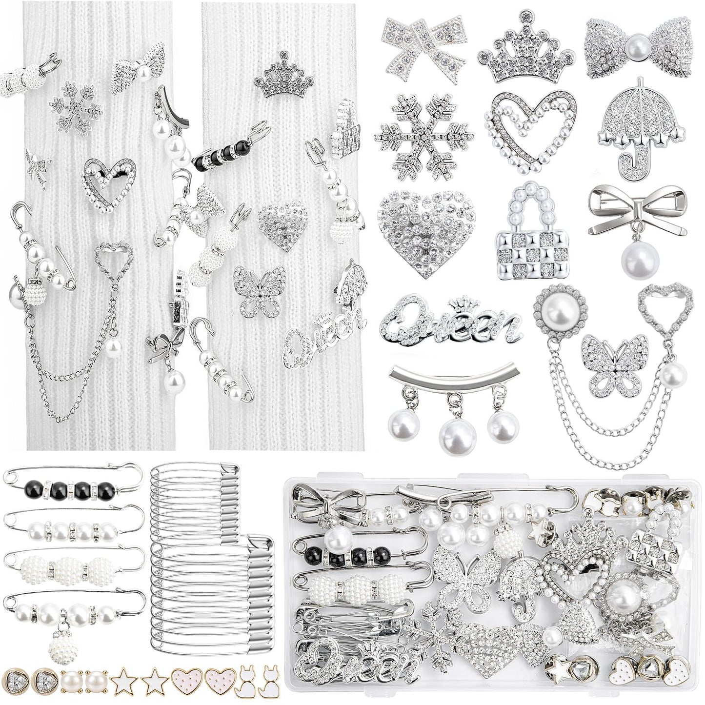 RQAYE Silver Shoe Charms for Sneakers, Junk Socks Charms Kit, Brooches and Pins for Women, Pearl and Rhinestone Sock Charm with Safety Pins,DIY Accessories for Decorating and Personalizing Socks