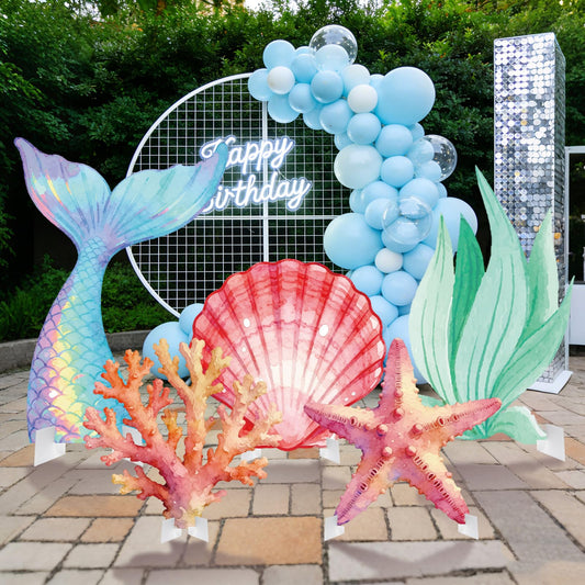 5 Pcs Large Under The Sea Decorations Ocean Theme Party Supplies Mermaid Tail Shell Starfish Seaweed Stand Up Cutouts for Mermaid Birthday Baby Shower Summer Party Photo