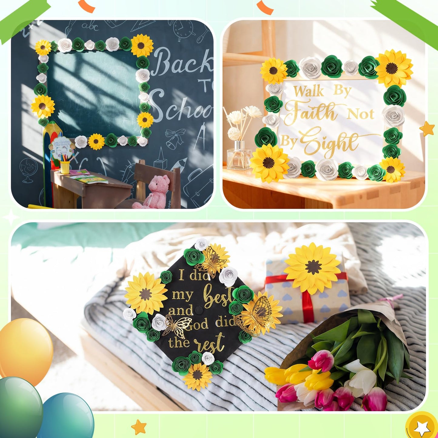 Suncalla Green DIY Graduation Cap Decorations Kit, 20 Pcs Roses Sunflower Flower Heads 4 Inspirational Quote Glitter Stickers 12 3D Butterfly Grad Cap Topper for Cake Photo Art DIY Grad Party Supplies