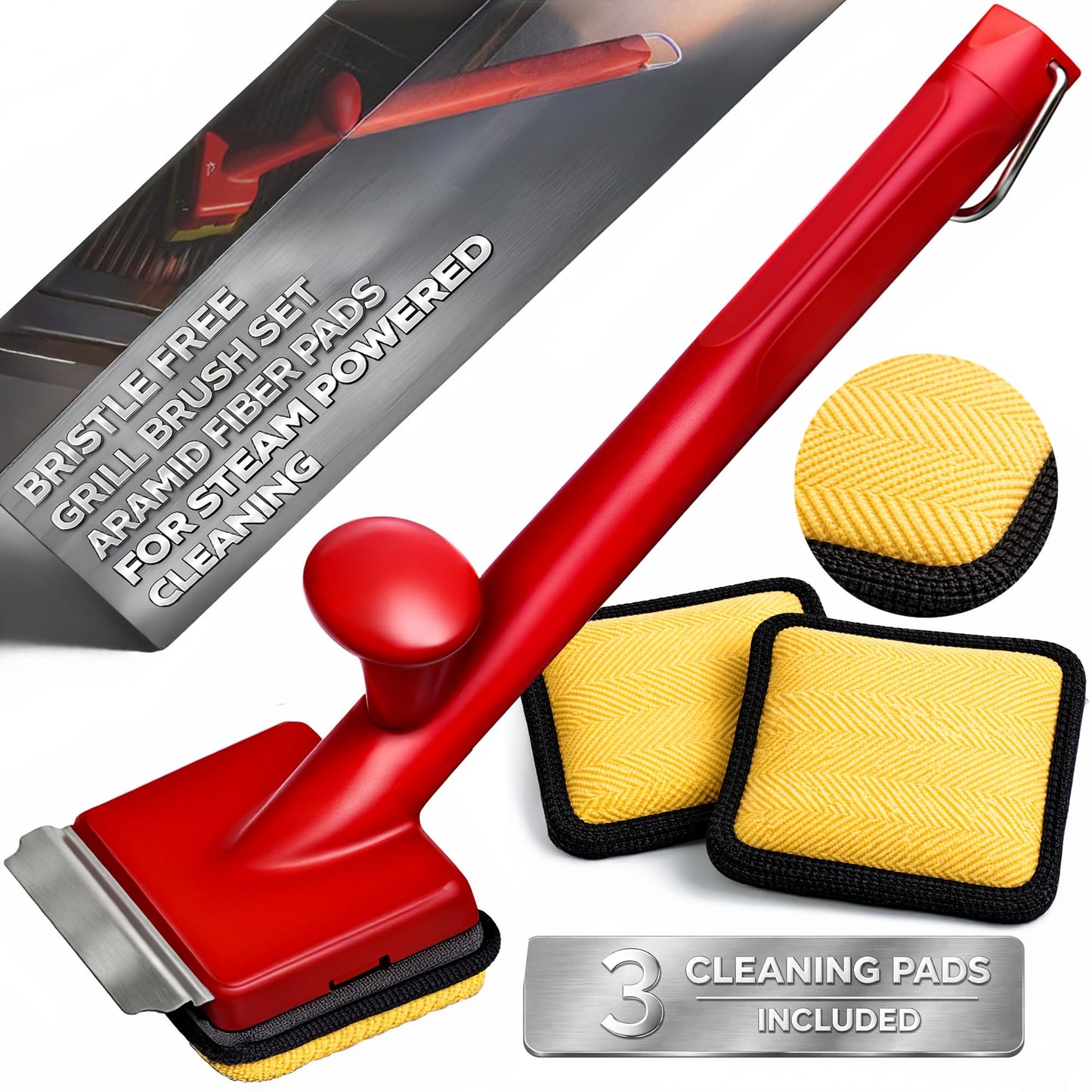 Grill Brush Bristle Free with 3 Replacement Brush Heads, Easy-Fit Cleaning Tool for Cast Iron/Stainless Steel Grates, Safe Barbecue Grill Cleaner