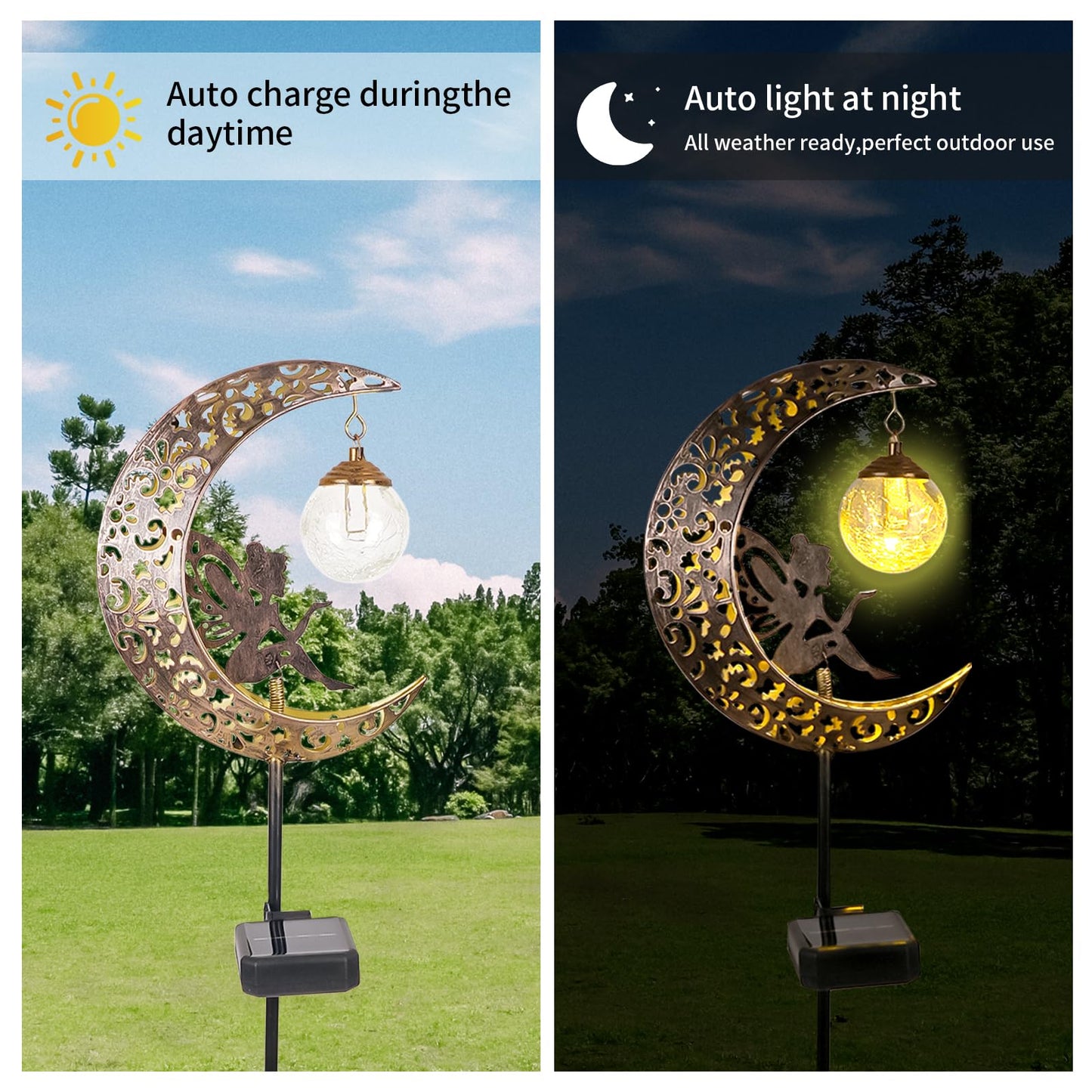 Solar Garden Lights Outdoor Decor,Moon Fairy Crackle Glass Lights,Waterproof Warm White LED Metal Stake Ornament,for Walkway Backyard Patio Lawn Pathway Decorations-Unique Gift Ideas for Gardening