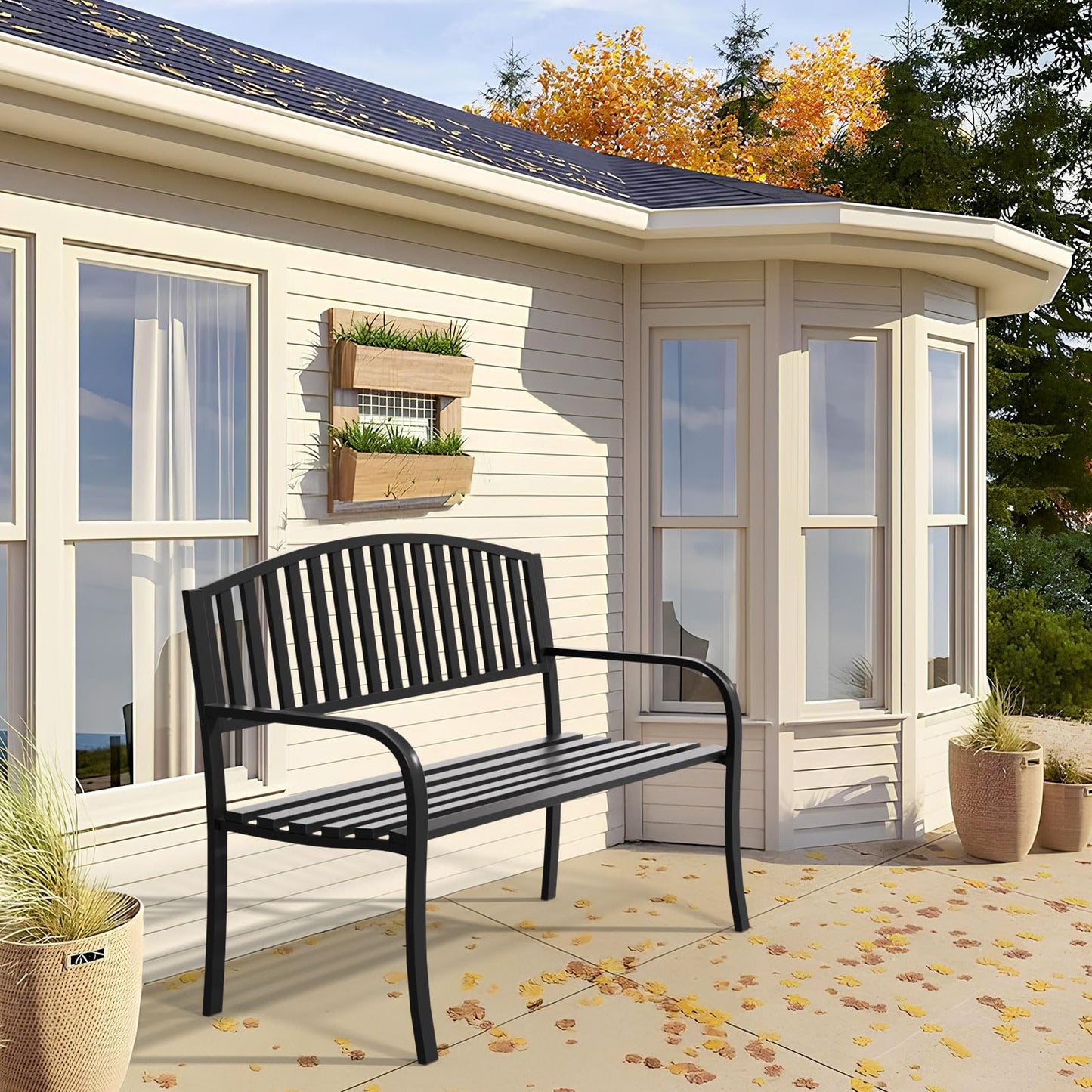 Gymplis Outdoor Bench Garden Bench Patio Bench,Weatherproof Anti-Rust Metal Powder Coated Frame Park Bench,Metal Bench for Yard & Porch & Park (Vertical line)