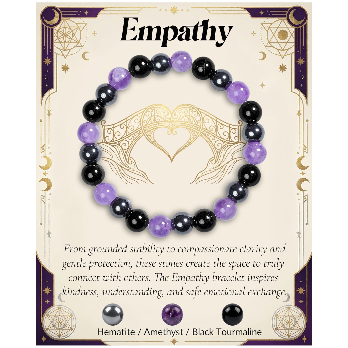 Bivei Empath Bracelet, Strength Crystal Healing Bracelet 8MM with Hematite & Amethyst & Black Tourmaline - Spiritual Stretch Beaded Jewelry for Women Men Gift