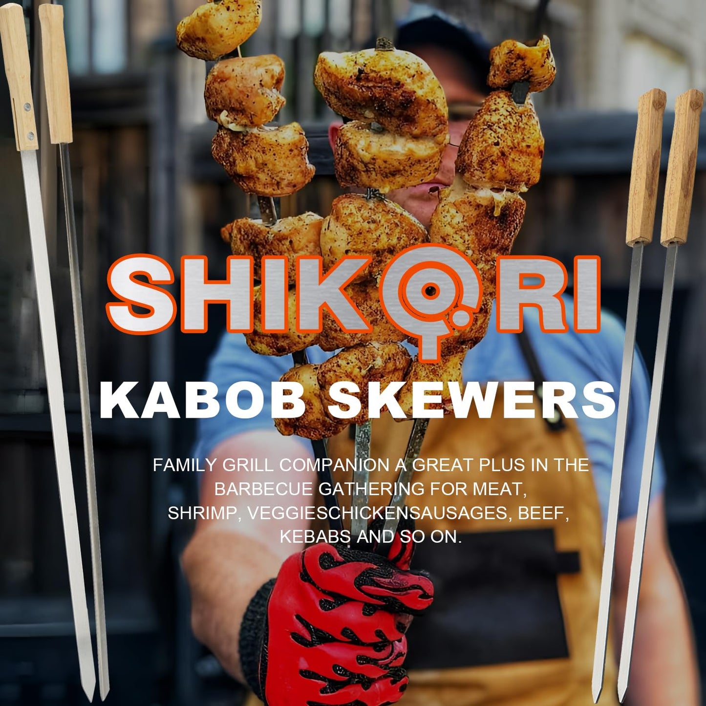 SHIKORI Kabob Skewers,BBQ Barbecue Skewers,Stainless Steel Sticks,23 Inch Heavy Duty Large Wide Reusable,with Nonslip Wooden-6 Pcs