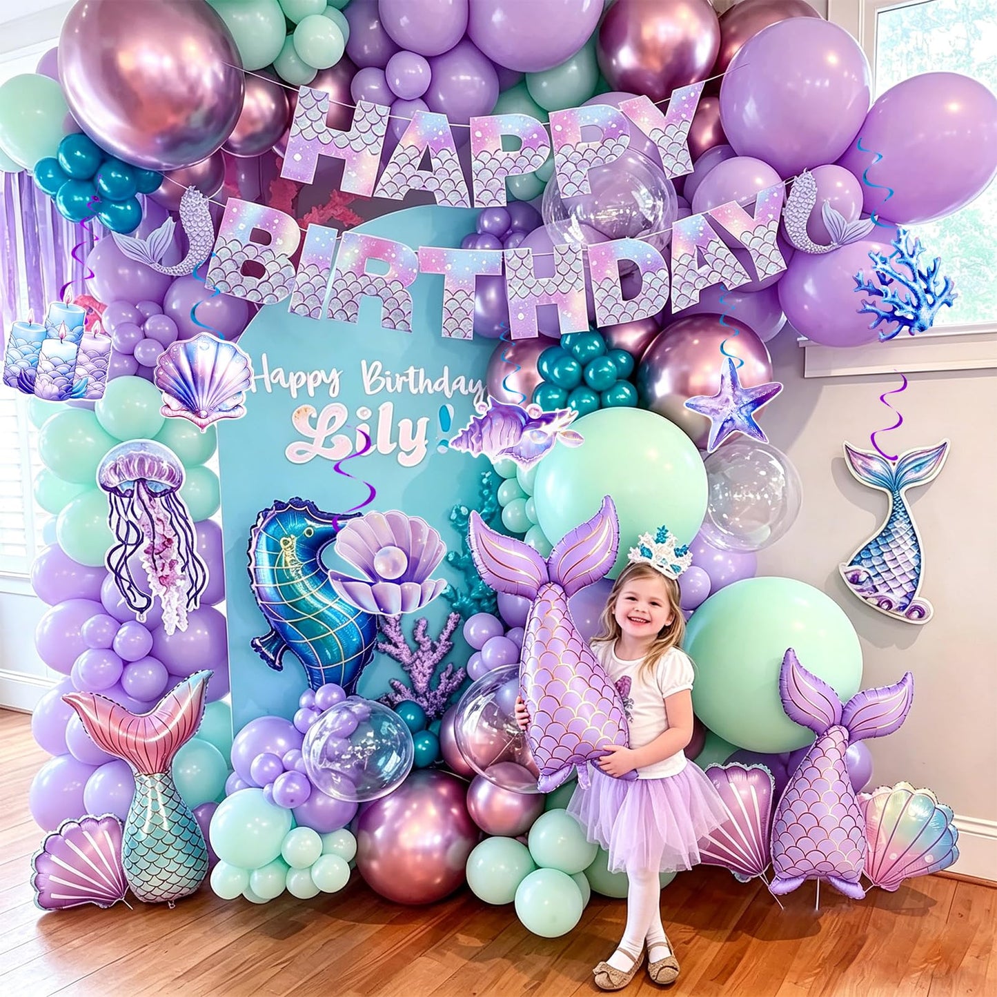 Mermaid Birthday Party Decorations, Under the Sea Party Supplies with Light Blue Wavy Tinsel Curtain, Happy Birthday Banner, Hanging Swirls,Shell Tail Foil Balloons for Girls Birthday