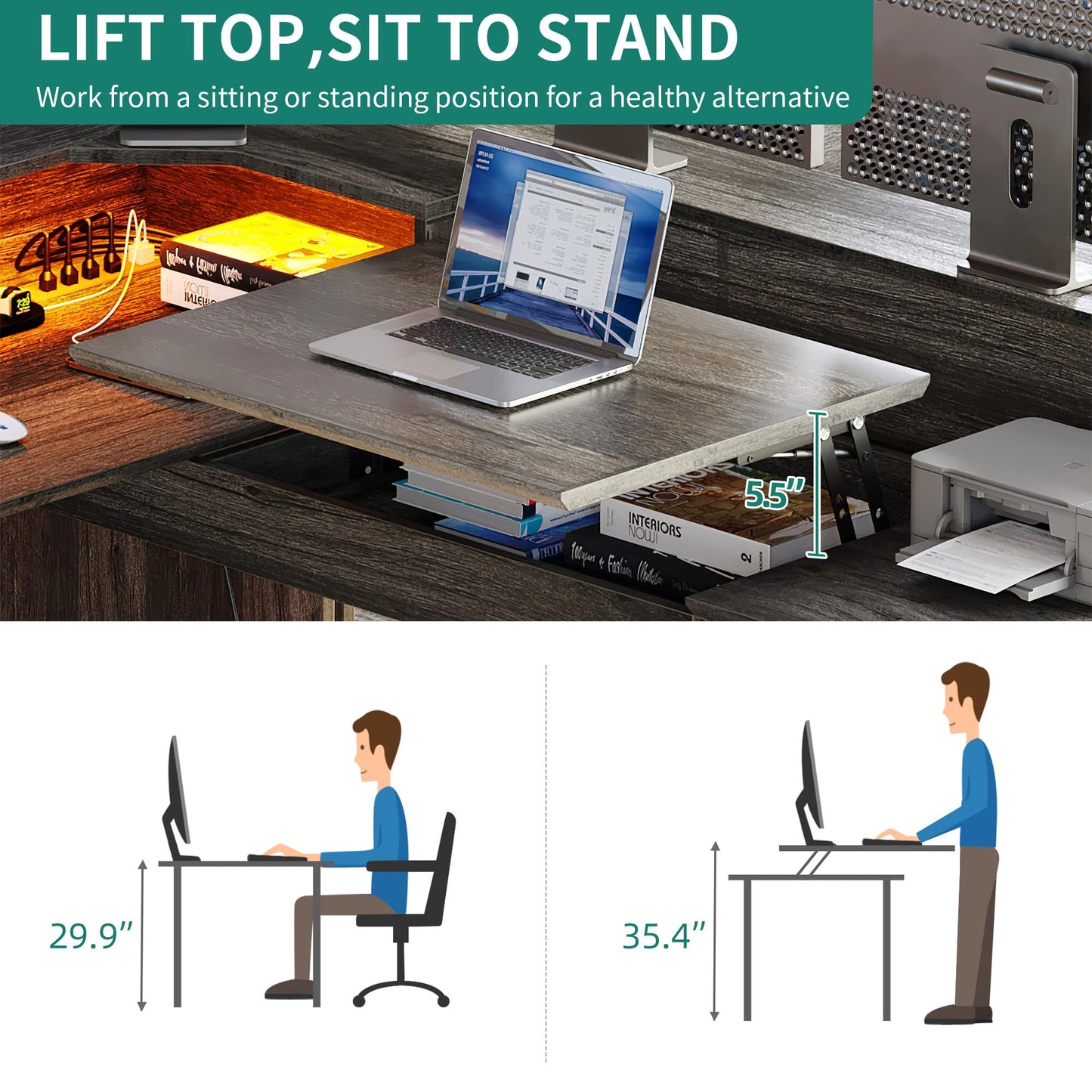 DWVO L Shaped Desk with Drawers, 60" Corner Computer Desk with Power Outlets & Lift Top, Home Office Desk with Storage Cabinet & LED Lights, Wood Desk, Height Adjustable Desk, Grey