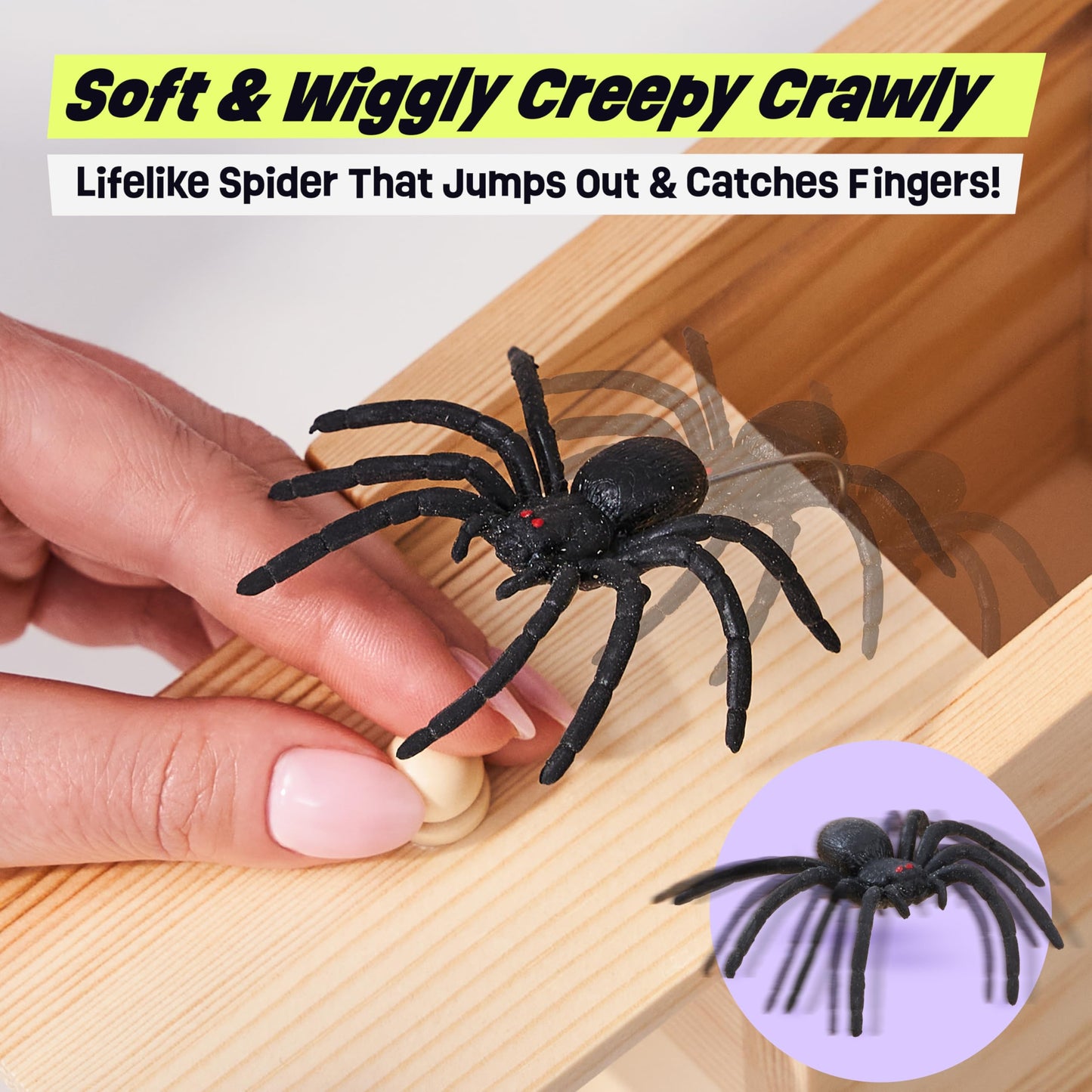 FunFamz Original Spider Prank Box – Wooden Prank Toy & Jump Scare Prank Gift with Hidden Gift Card Compartment, Realistic Jumping Spider Surprise, Funny Gag Toy for Kids, Adults, Parties & Office Fun