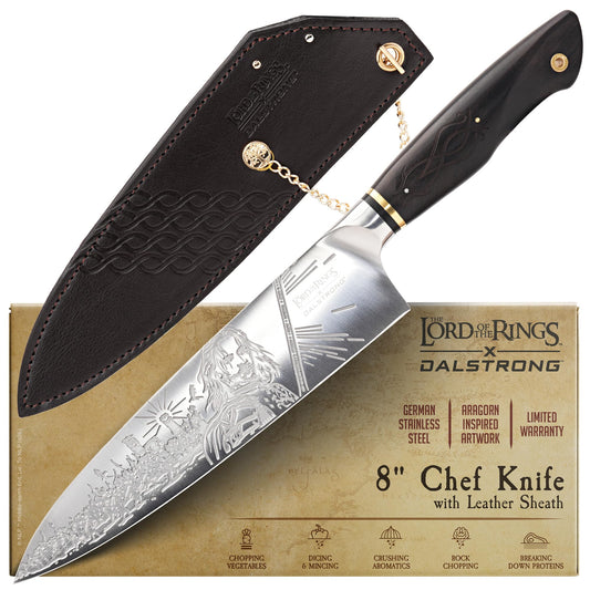 Dalstrong Chef Knife - 8 inch - Lord of the Rings™ Edition - Official Licensed Collection - Humans Aragorn - Premium German X50CRMOV15 Steel - Ebony Wood Handle - Leather Sheath