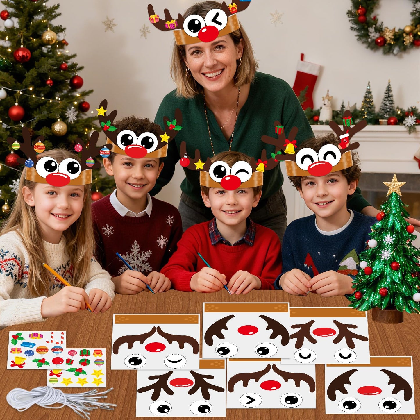 Qyeahkj 24 Sets Christmas Headbands Craft Kits Xmas Reindeer DIY Paper Crown Crafts for Winter Elk Reindeer Eyes Nose and Horn Stickers Holiday Home Activities Winter Party Favors