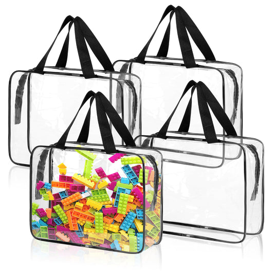 4 Pack Toy Storage Bags, Clear PVC Toy Organizer with Zipper, Large Black Waterproof Reusable Toy Bags with Labels for Puzzles, Building Blocks, Board Game, Stationery, Kids Books