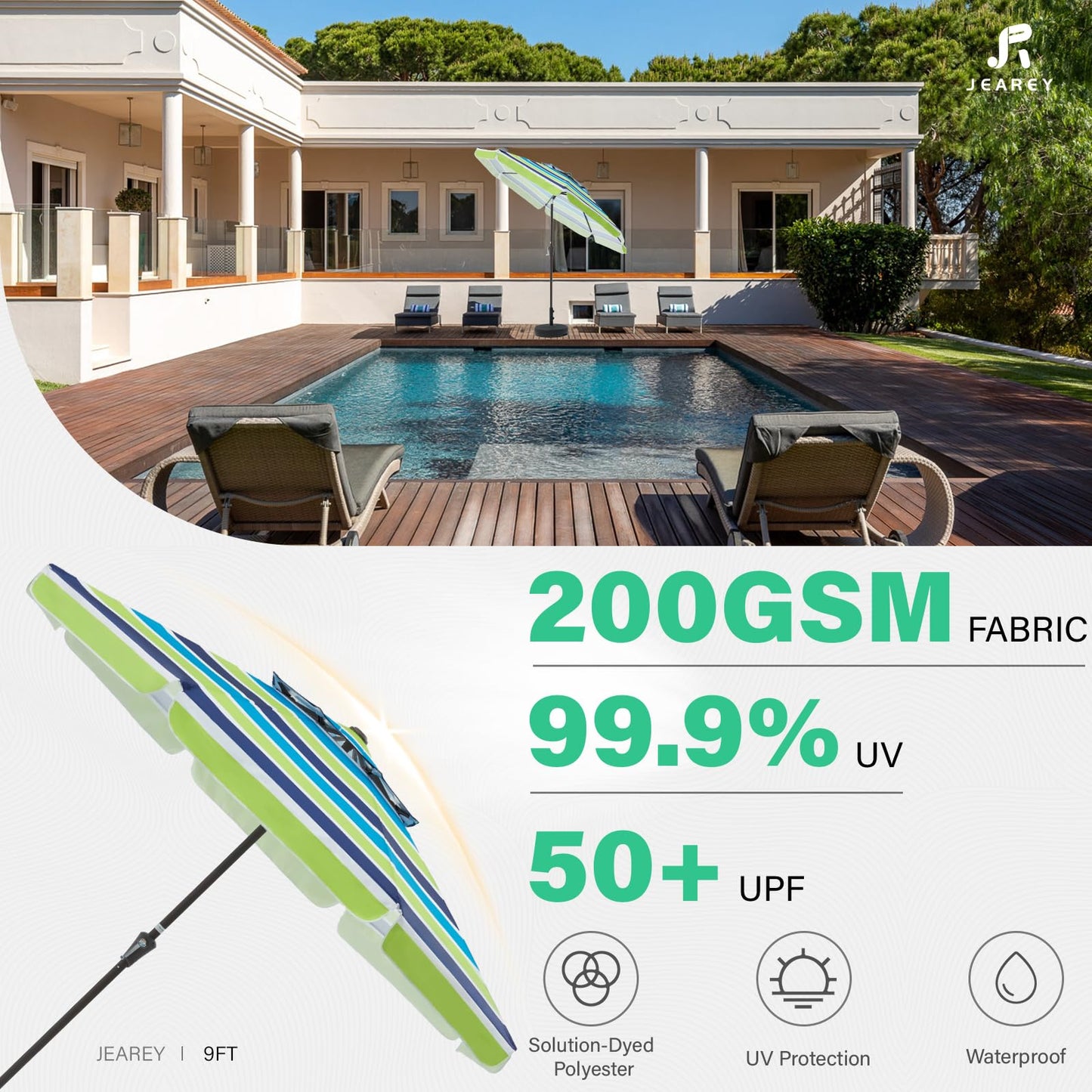 JEAREY 9' 2-Tiers Patio Umbrellas Outdoor Market Table Umbrella w/Push Button Tilt/Crank, 8 Sturdy Ribs, UV Protection Waterproof Sunproof(Bold Blue-Green Stripe)