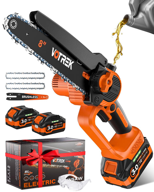 VOTREK® 8-Inch Mini Chainsaw Cordless, 2 x 3.0Ah Batteries, Electric Chain Saw with 2 Chains, Brushless Motor, Auto Oiler, Tool-Free Tensioner for Tree Trimming and Yard Cleanup